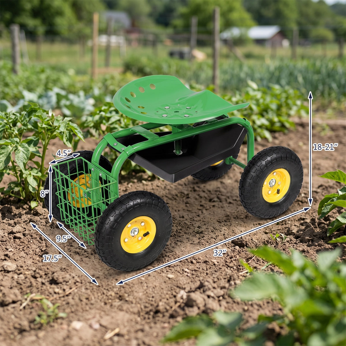 Airfind Red/Green Garden Cart Rolling Work Seat With Heavy Duty Tool Tray Gardening Planting, 33 x 16 x 22 Footprint, Green