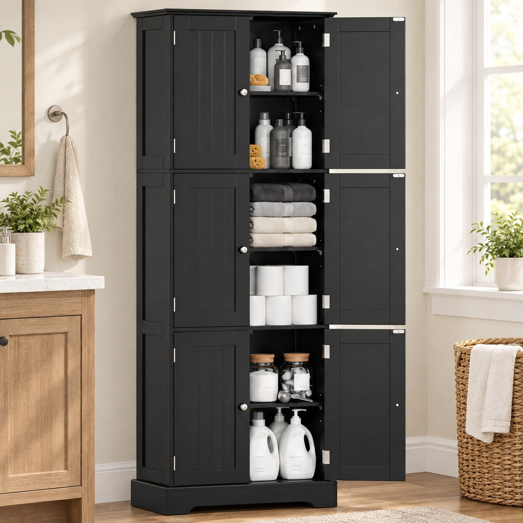 Airfind 63 Inch Tall Bathroom Storage Cabinet with 6 Doors and Adjustable Shelves, 44 lbs Capacity, Engineered Wood Frame, Black