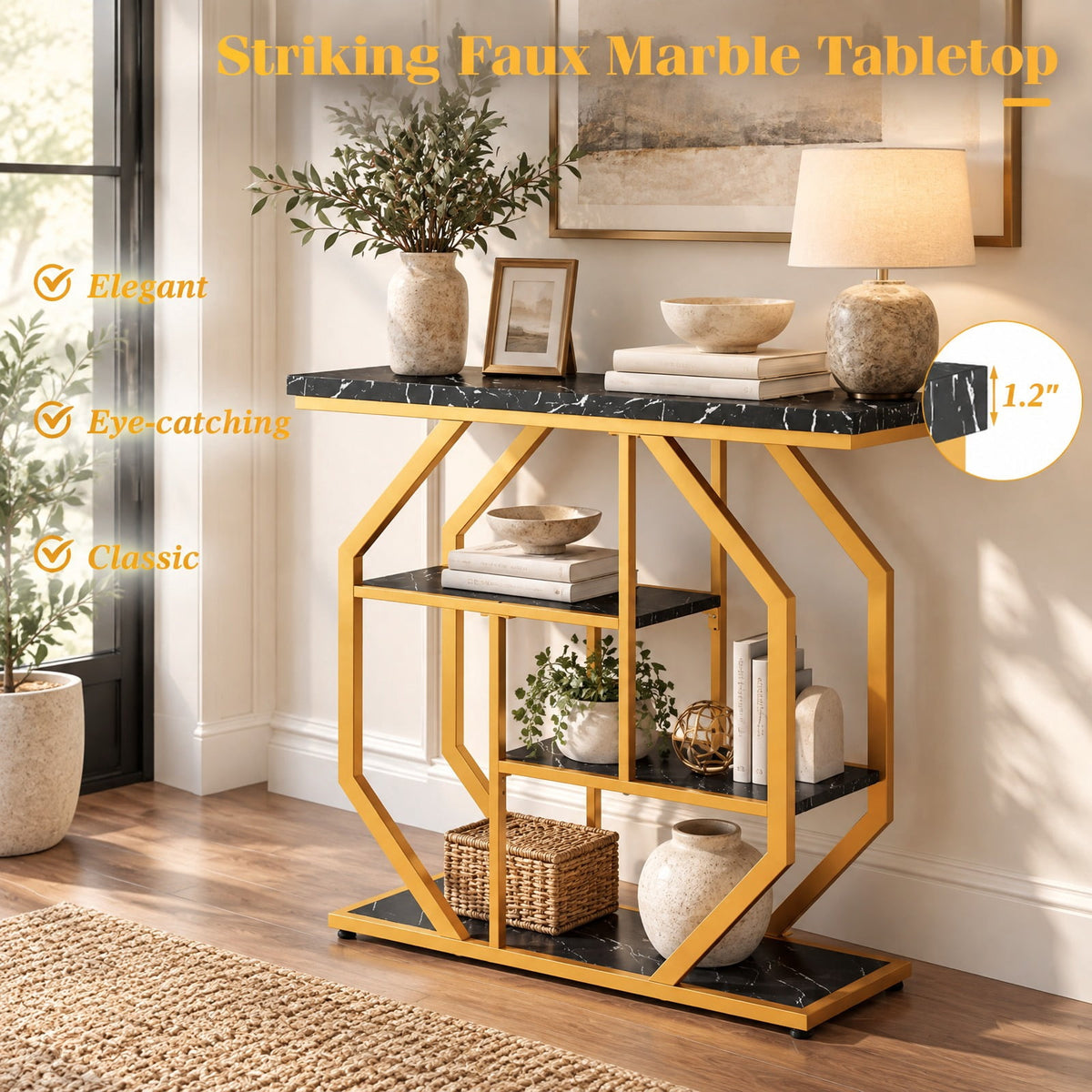 Airfind Modern Sofa Table Behind Couch 4-Tier Console Table with Faux Marble Tabletop, 110 lbs Capacity, MDF Metal Frame, Black