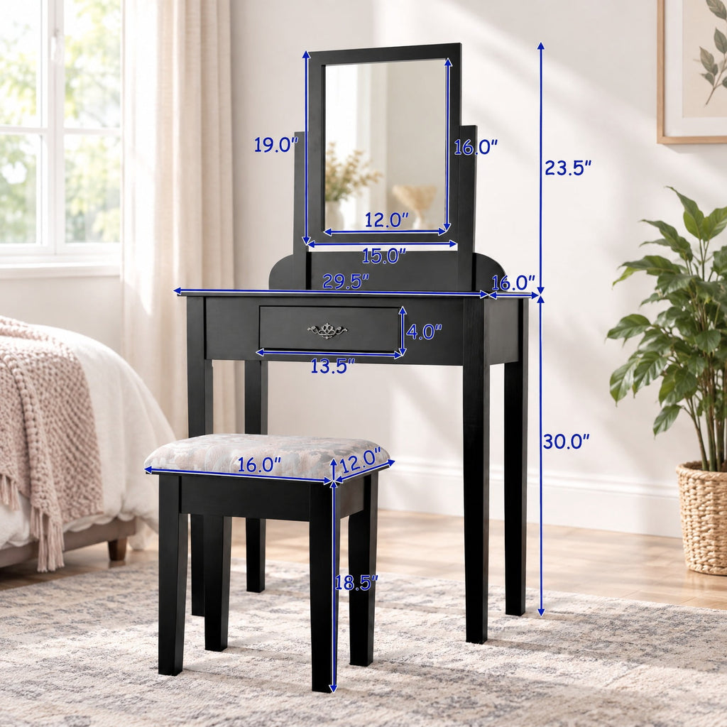 Airfind Vanity Dressing Table Stool Set with Large Makeup Mirror, 286 lbs Capacity, Wood Frame, 29.5 Inch x 16.0 Inch x 53.5 Inch (L x W x H) The Footprint