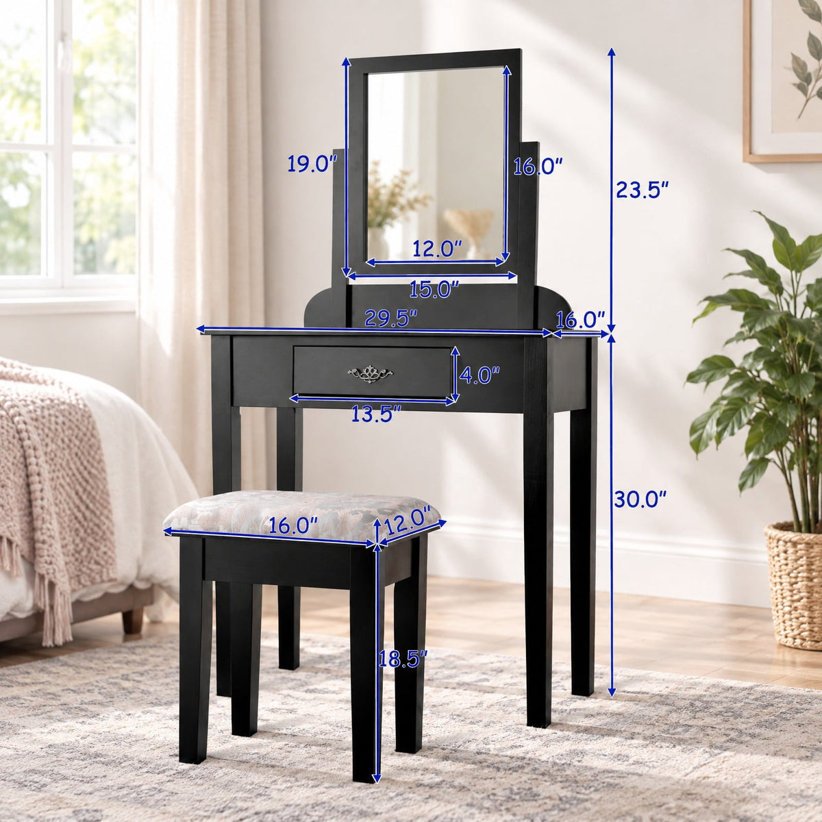 Airfind Vanity Dressing Table Stool Set with Large Makeup Mirror, 286 lbs Capacity, Wood Frame, 29.5 Inch x 16.0 Inch x 53.5 Inch (L x W x H) The Footprint