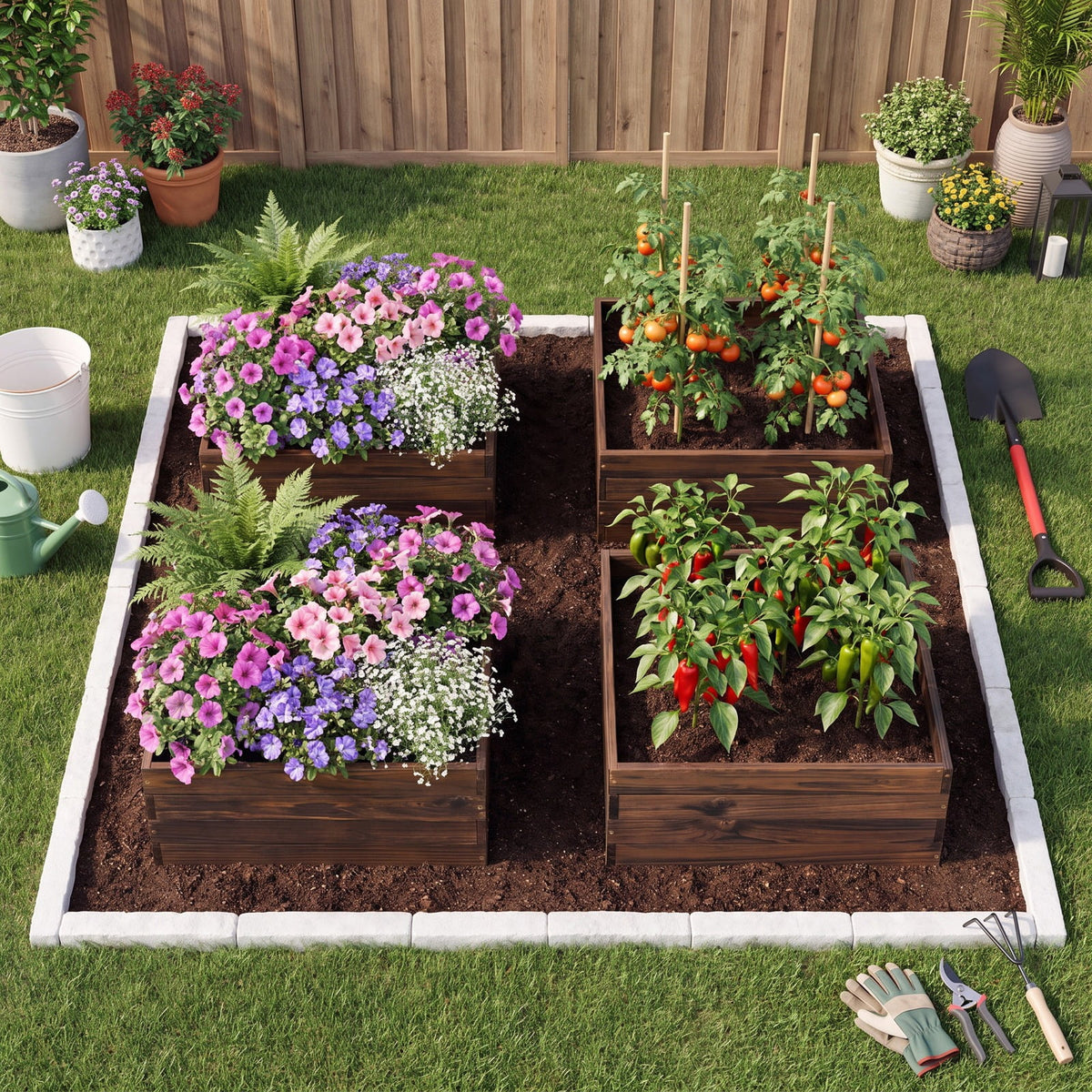 Airfind Square Raised Garden Bed Flower Vegetables Seeds Planter, Fir Wood Frame, 23 x 23 x 9 Footprint, Brown