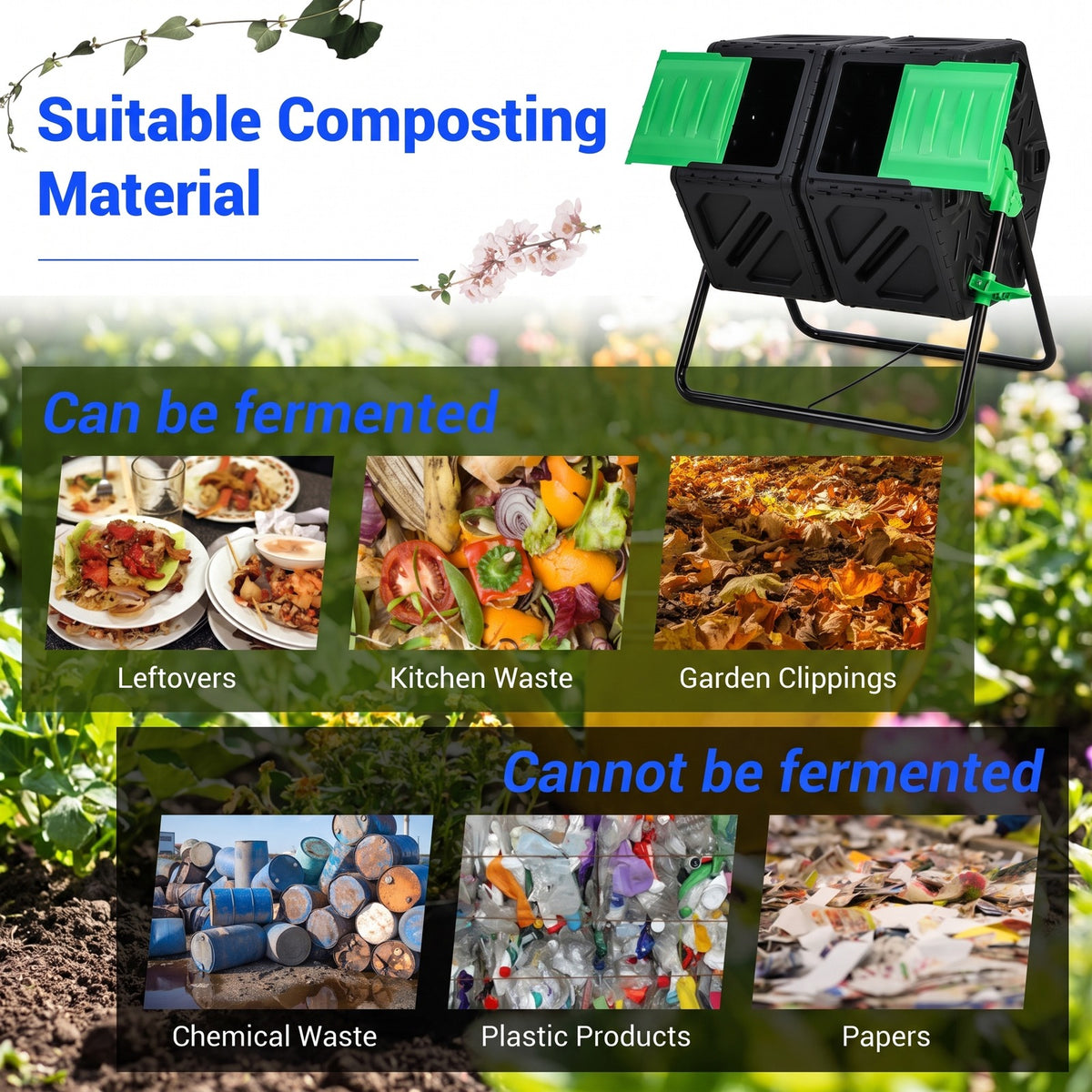 Airfind Dual Chamber Garden Compost Tumbler with Sliding Doors-Black Green, Black, Dimensions 25.5 x 23.5 x 29Size of 2