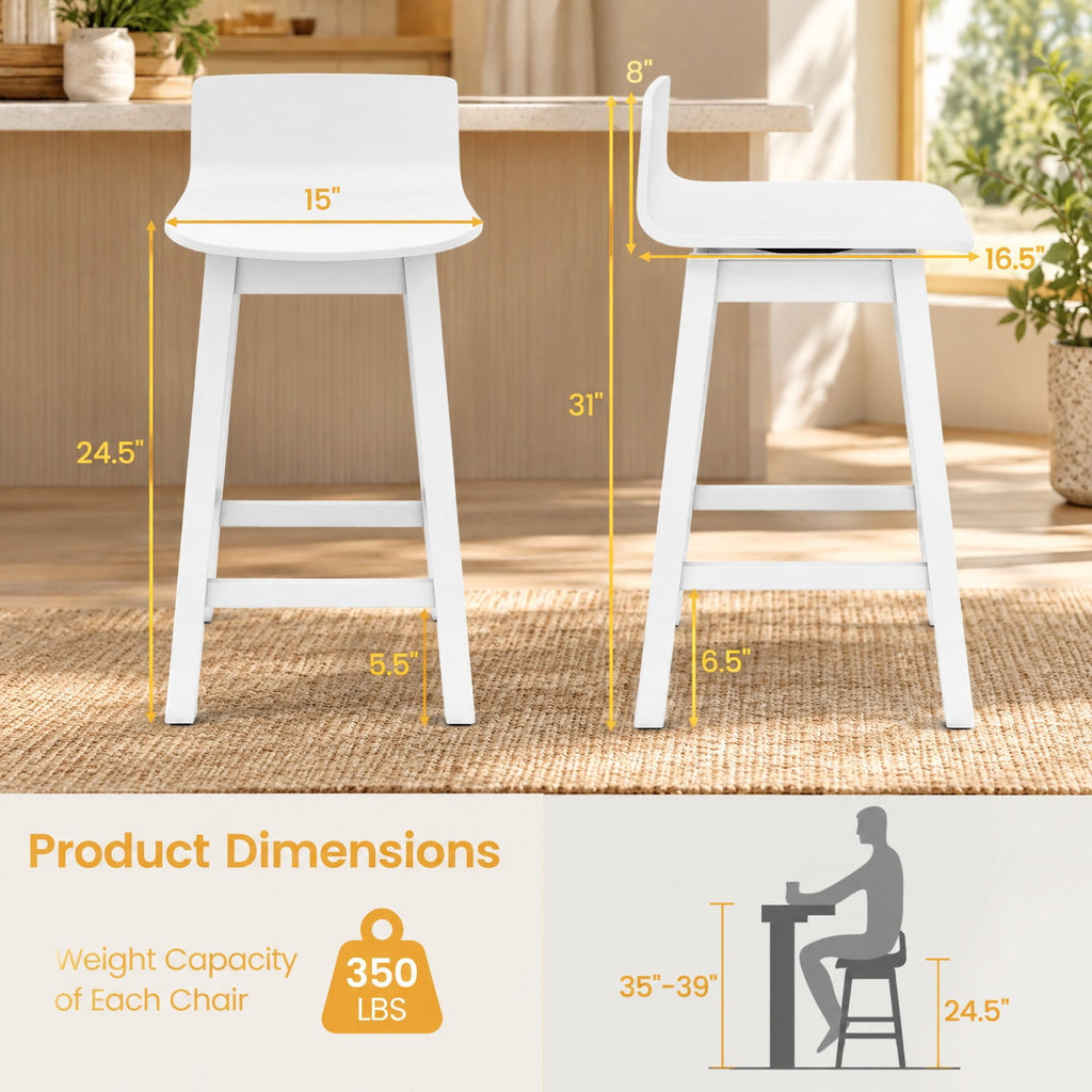 Airfind 24.5 Inch Swivel Wooden Bar Stools Set of 2 with Rubber Wood Legs and Low Back, 350 lbs Capacity, Rubber Wood Plywood Frame, White