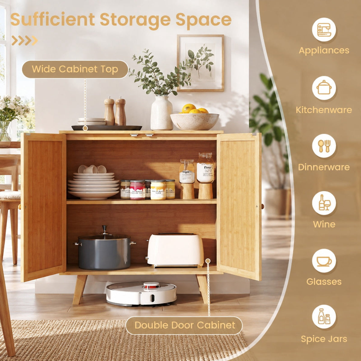 Airfind Bamboo Buffet Storage Cabinet with PE Rattan Doors and Freestanding Kitchen Cupboard, 110 lbs Capacity, Bamboo PE Rattan Frame, Natural