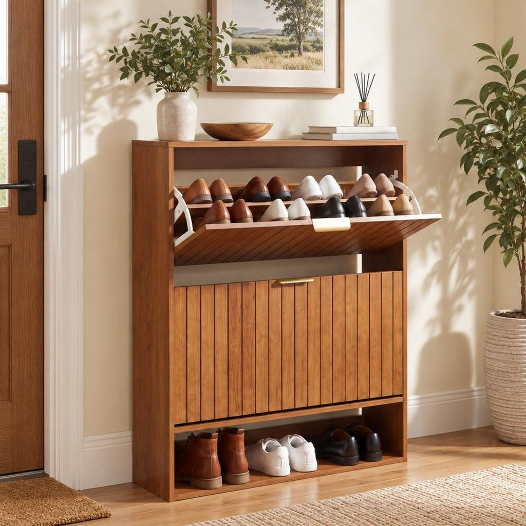 Airfind Fluted Hidden Shoe Cabinet with 2 Flip Drawers and Open Storage, 55 lbs Capacity, Engineered Wood Frame, 31.5in x 9.5in x 40in Footprint