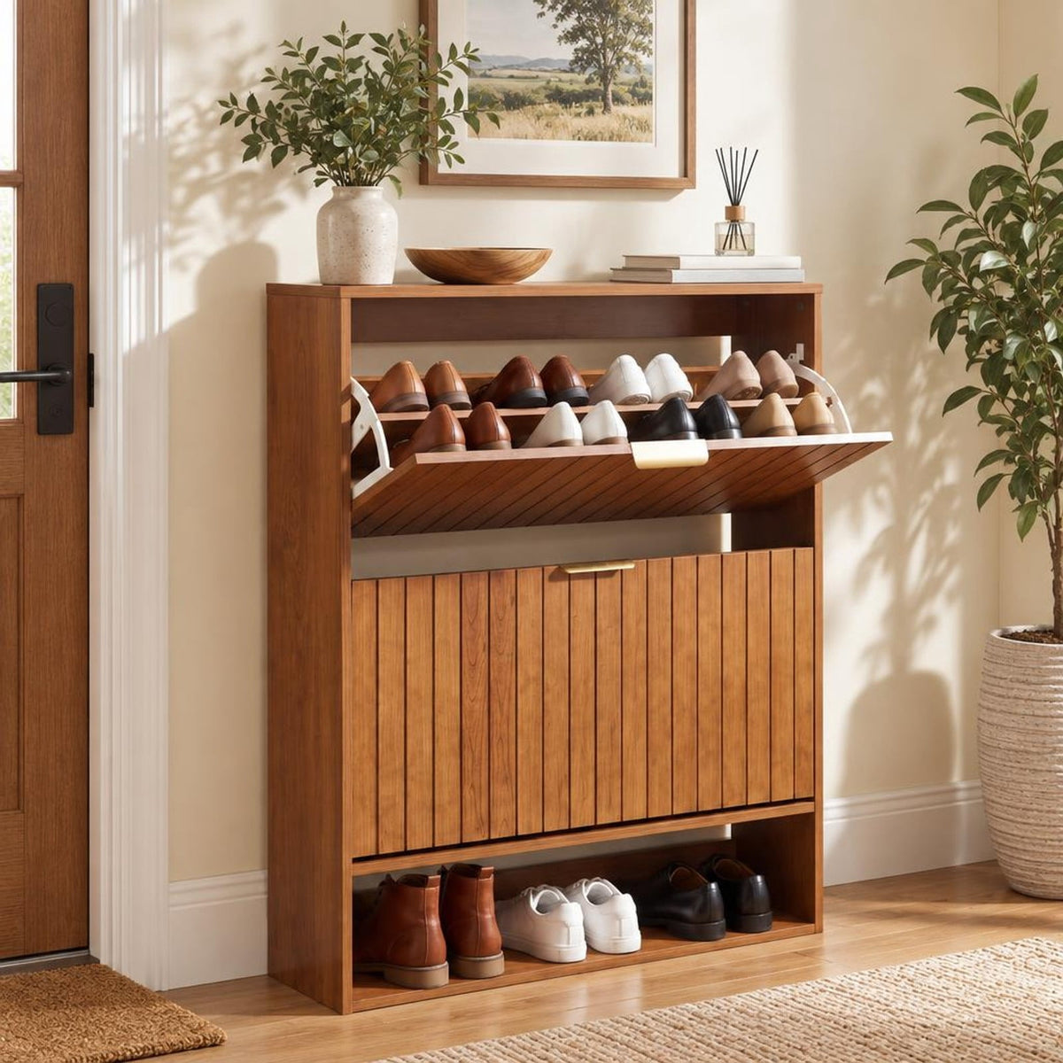 Airfind Fluted Hidden Shoe Cabinet with 2 Flip Drawers and Open Storage, 55 lbs Capacity, Engineered Wood Frame, 31.5in x 9.5in x 40in Footprint