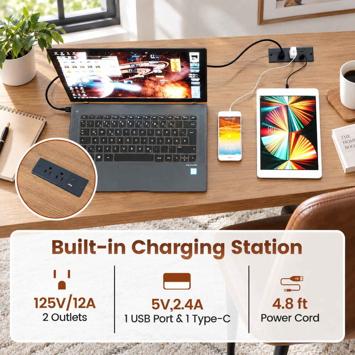 Airfind 55 x 24 inch Computer Desk with Power Outlets and USB Ports, 220 lbs Capacity, Engineered Wood Metal Frame, Brown