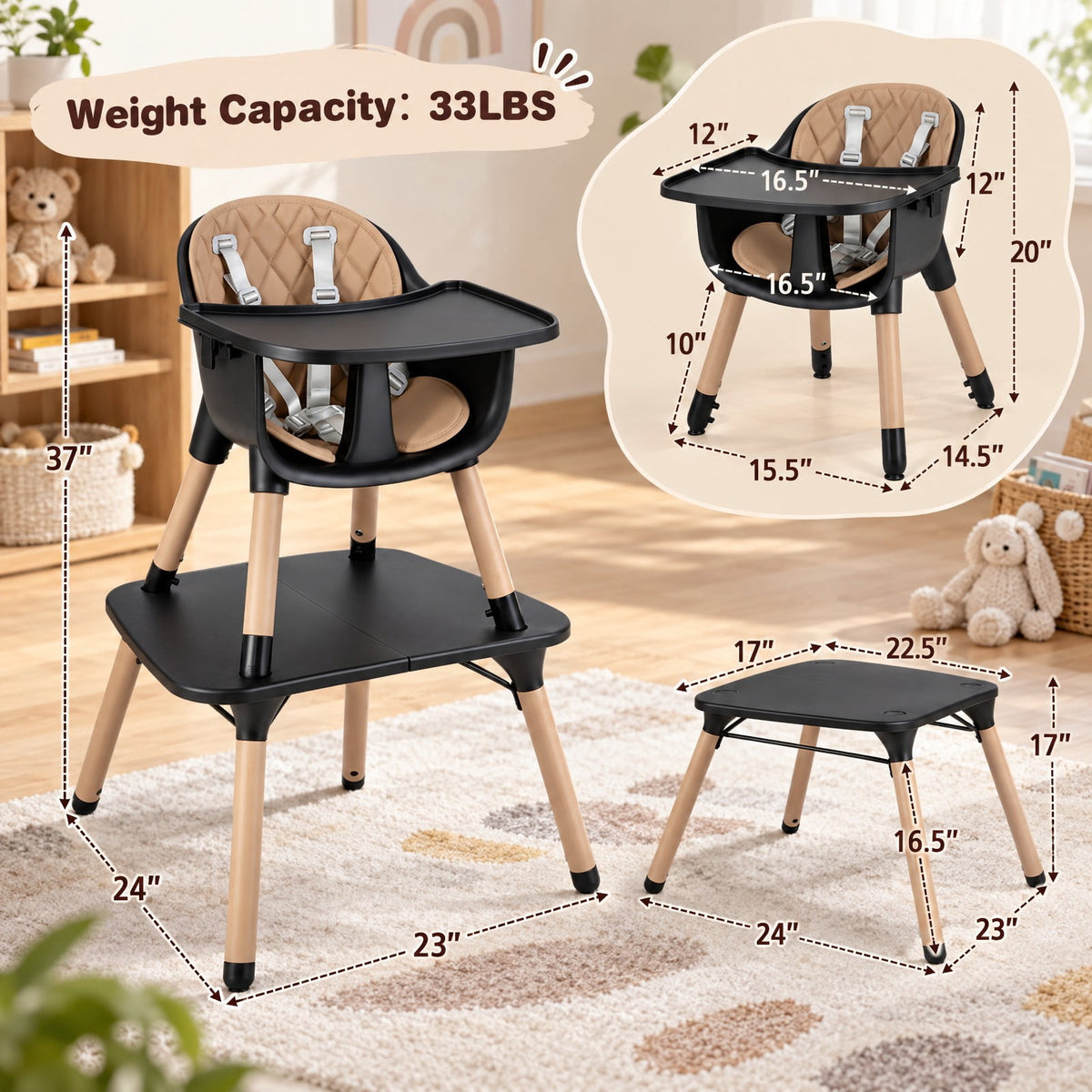 Airfind 4-in-1 Youth Convertible Youth Table Chair Set featuring PU Cushion, 33 lbs Capacity, PU PP Metal Frame, for 6-36 Months, Brown