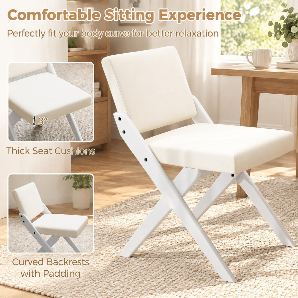 Airfind Wooden Dining Chairs Set of 2 with Solid Rubber Wood Frame and Thick Padded Cushions for Kitchen and Dining Room, White