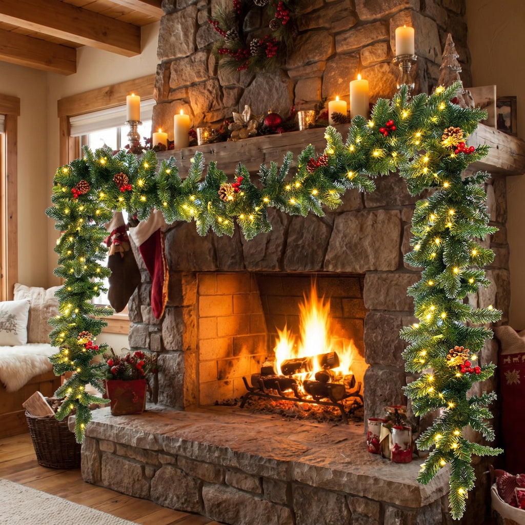 AIRFIND Pre-lit Christmas Garland with 9 Ft Length with 100 LED Lights and 140 PVC Tips for Doorway and Mantel Decor, Red