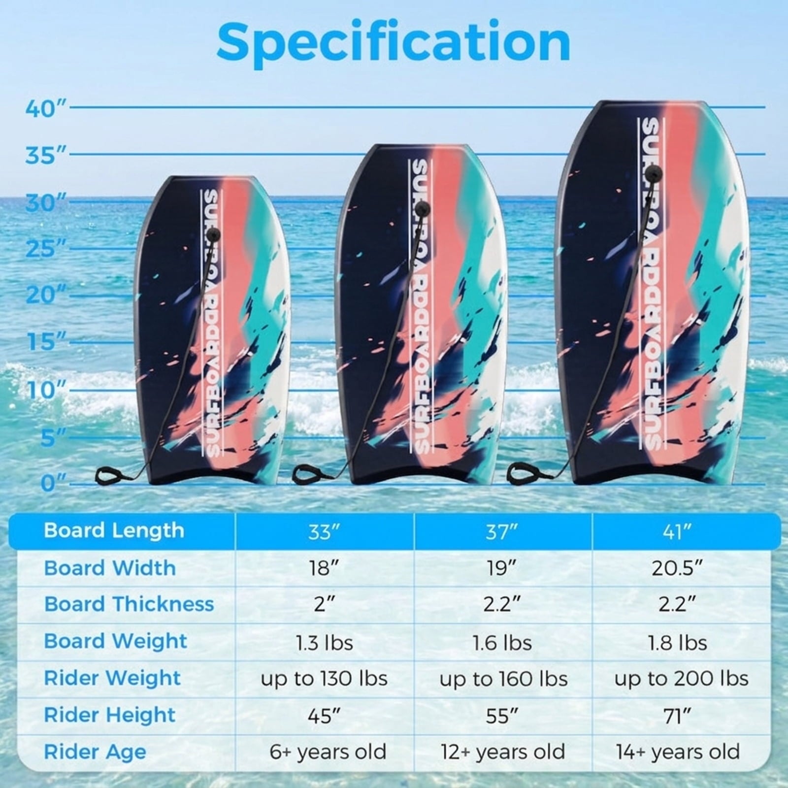 Airfind 33 Boogie Board with Sunset Splash Graphic Deck ¡ª EPS Core, XPE Top, HDPE Slick Bottom, Crescent Tail, Coiled Wrist Leash