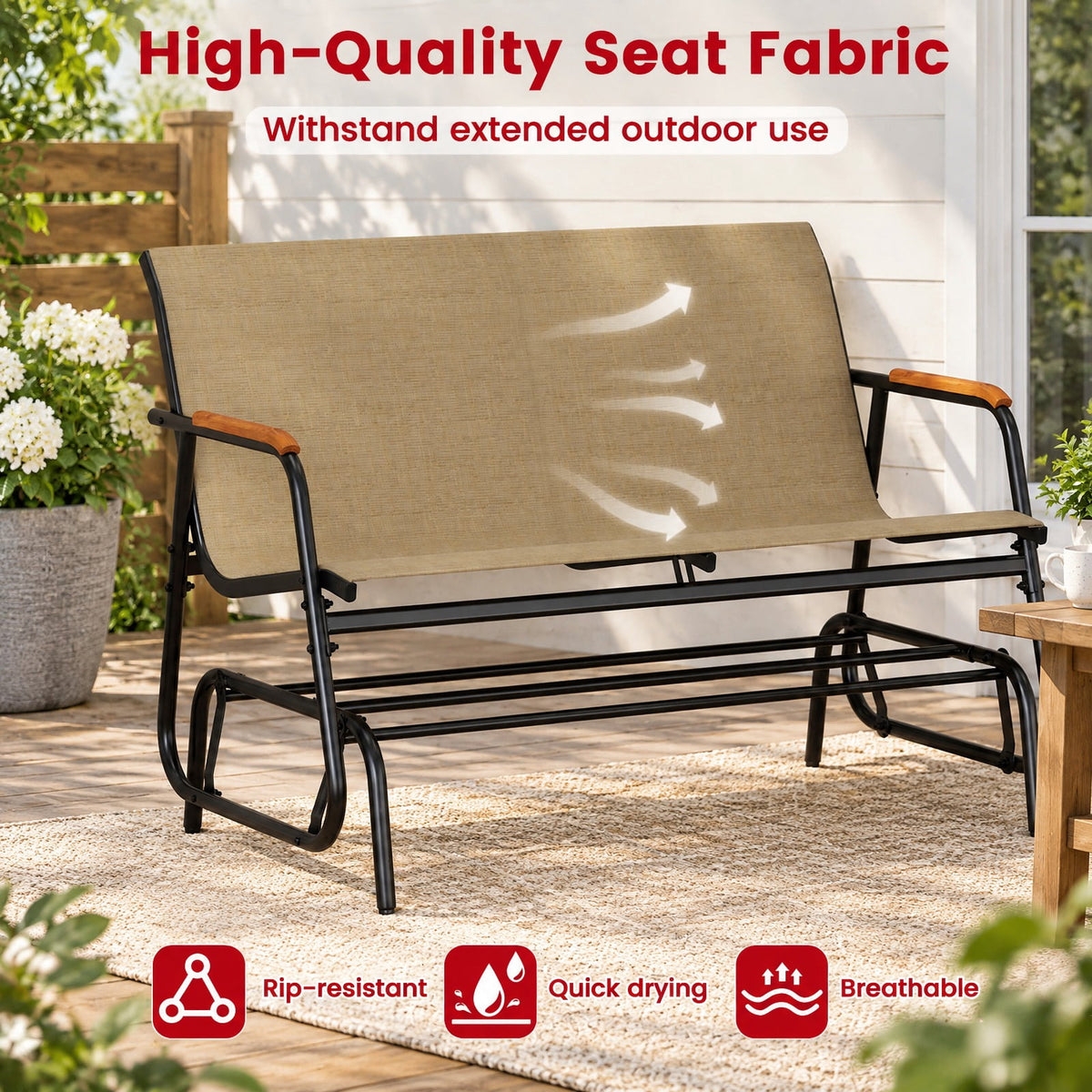Airfind Patio Glider Bench with Curved Teak Armrests and Breathable Fabric Seat for 2 People, 660 lbs Capacity, Metal Fabric Teak Wood Frame, Brown