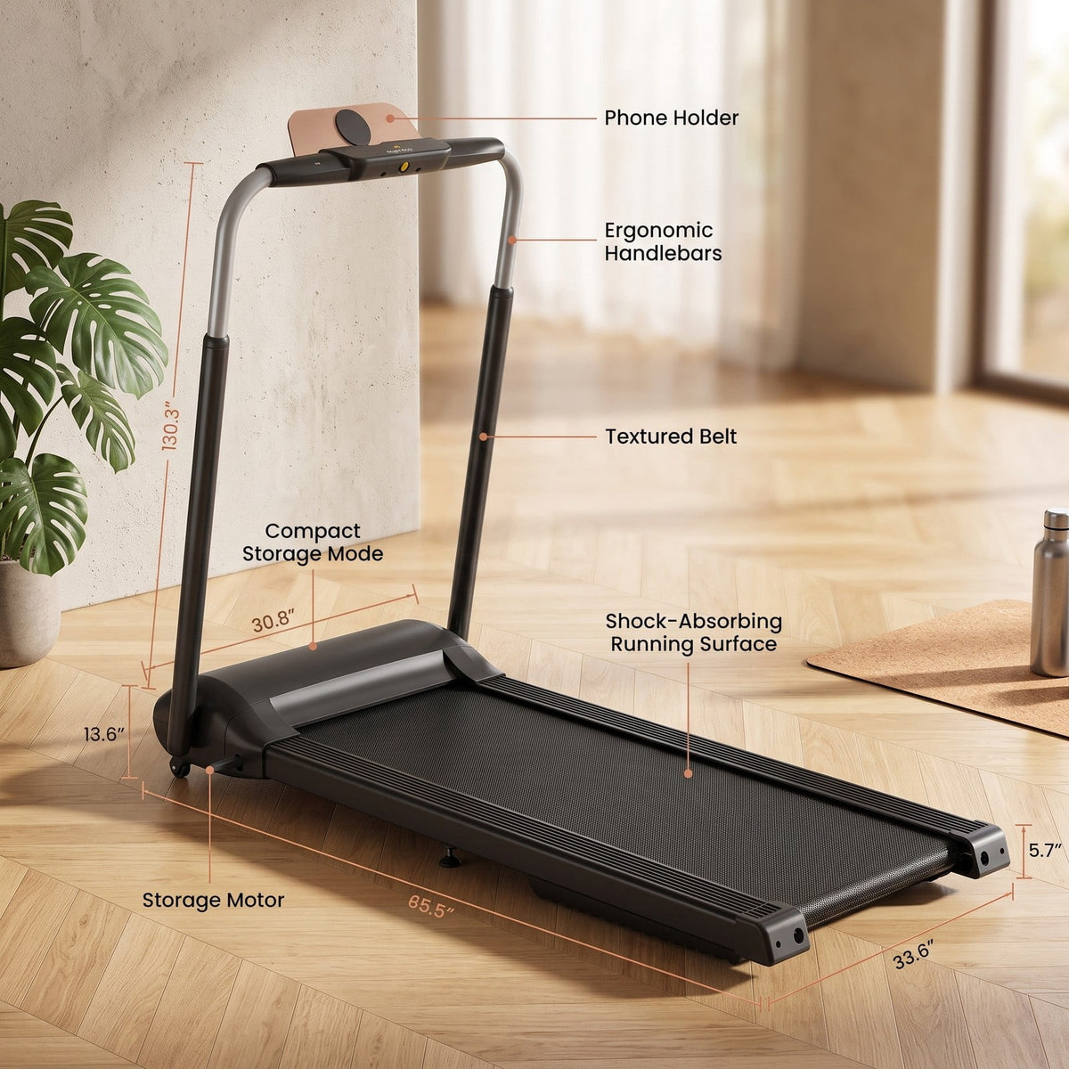 Airfind Compact Folding Treadmill with 3.0HP Motor, Touch Screen APP Control, 5-Layer Running Belt, Portable Home Office Electric Walking Running Machine, 265, Black
