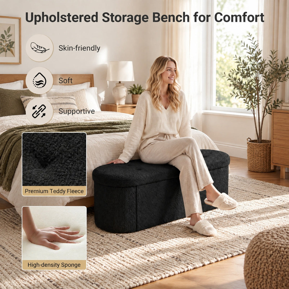 Airfind 43 Folding Teddy Storage Ottoman Bench with Dividers for Living Room and Bedroom, 43 x 15 x 16Inner Footprint, Black