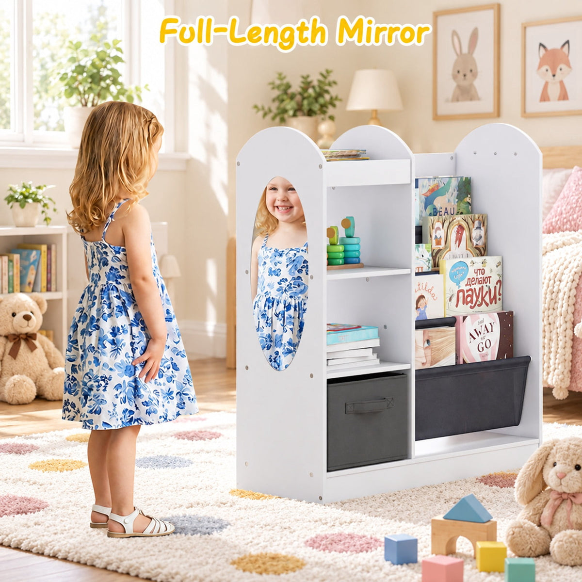 Airfind Toy Storage Organizer with 4-Tier Sling Shelves, 22 lbs Capacity, MDF Pine Wood Fabric Frame for Everyday Use, White