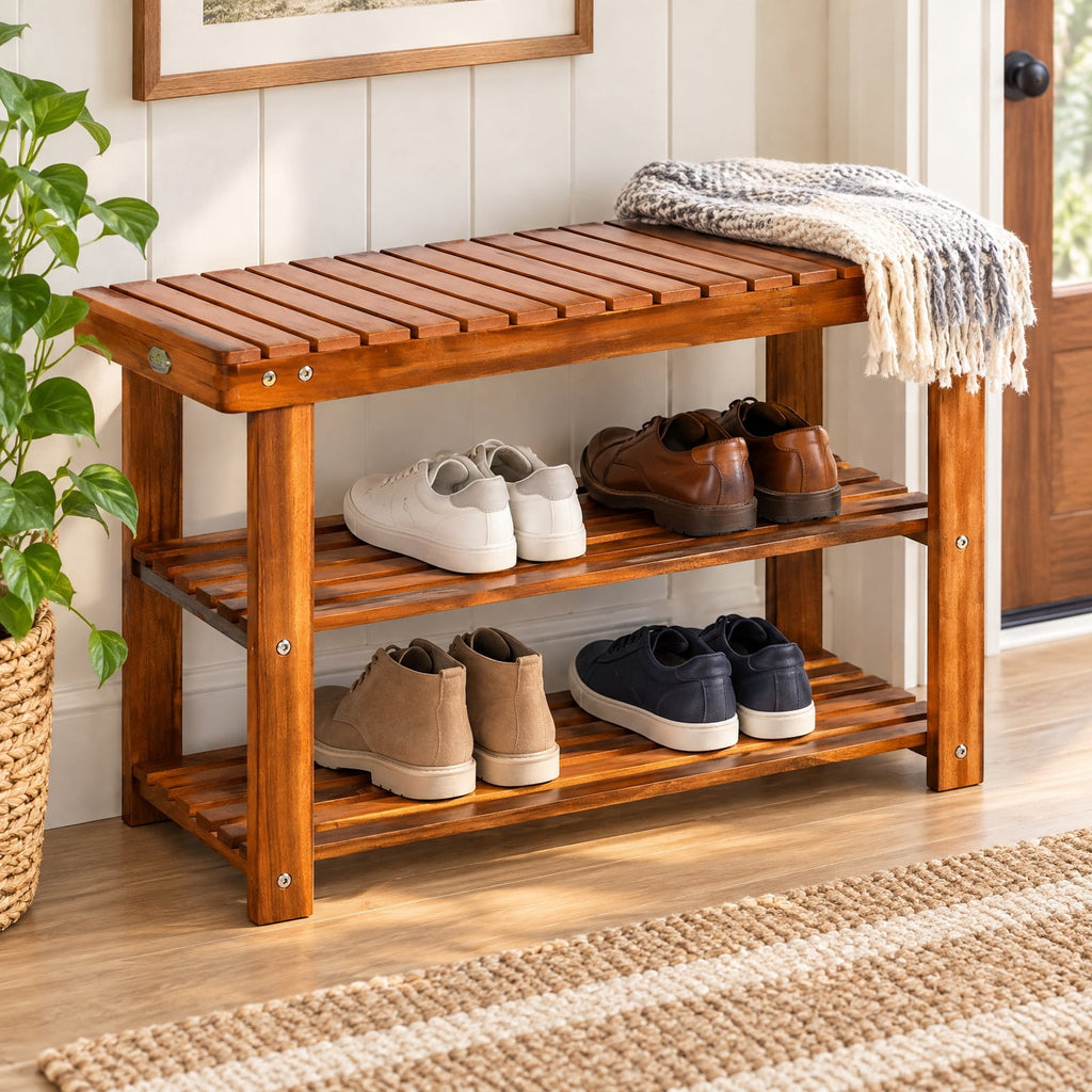 Airfind Freestanding Wood Bench with 3, 180 lbs Capacity, Acacia wood, 27.5 Inch x 11 Inch x 17.5 Inch (L x W x H) Weight: 10 lbs, Wood