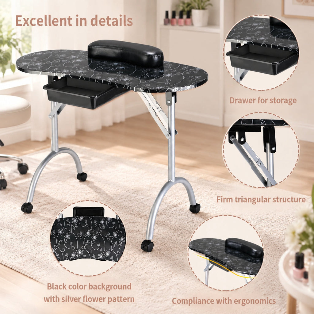 Airfind Foldable Portable Manicure Table with Drawer Casters and Cushion, MDF Metal Frame, 35.5 x 14.5 x 27 Footprint, Black