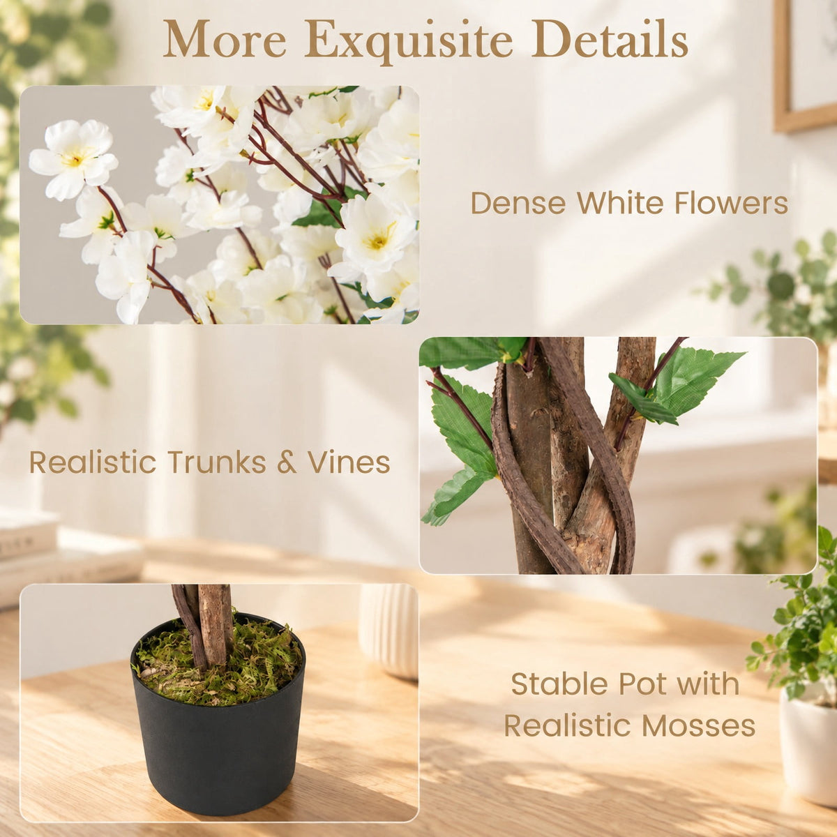 AIRFIND Artificial Plum Blossom Tree 47 in with White Fabric Flowers, Wood Trunk and Cement-Filled Pot for Home and Office Decor