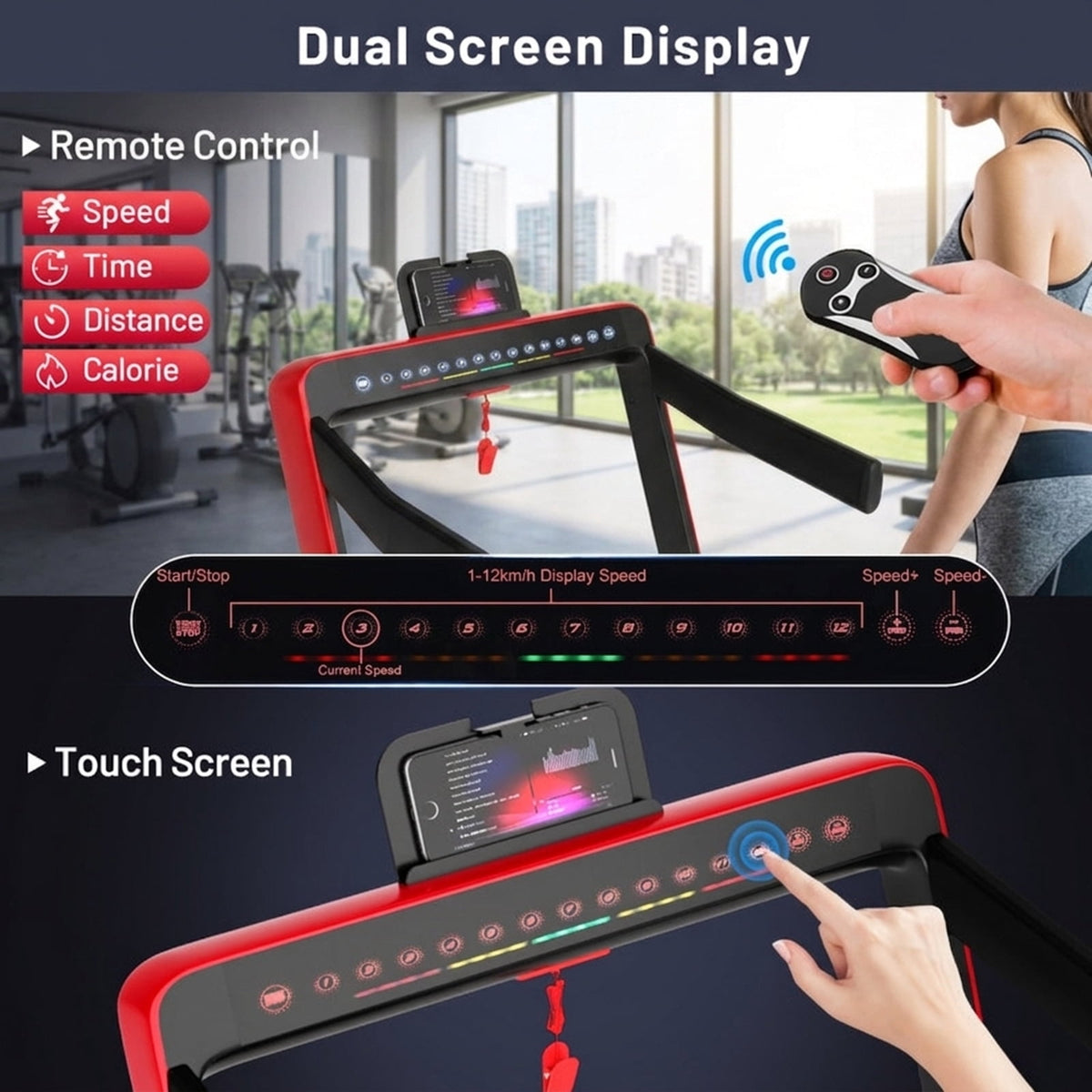 Airfind 2-in-1 Walk-to-Run Folding Treadmill for home with audio console and app sync plus cushioned belt for small spaces, Red