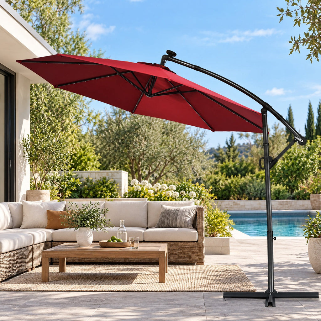 Airfind 10 ft 360° Rotation Solar Powered LED Patio Offset Umbrella without Weight Base, Steel aluminum polyester fabric Frame, 10 x 7.5 Footprint