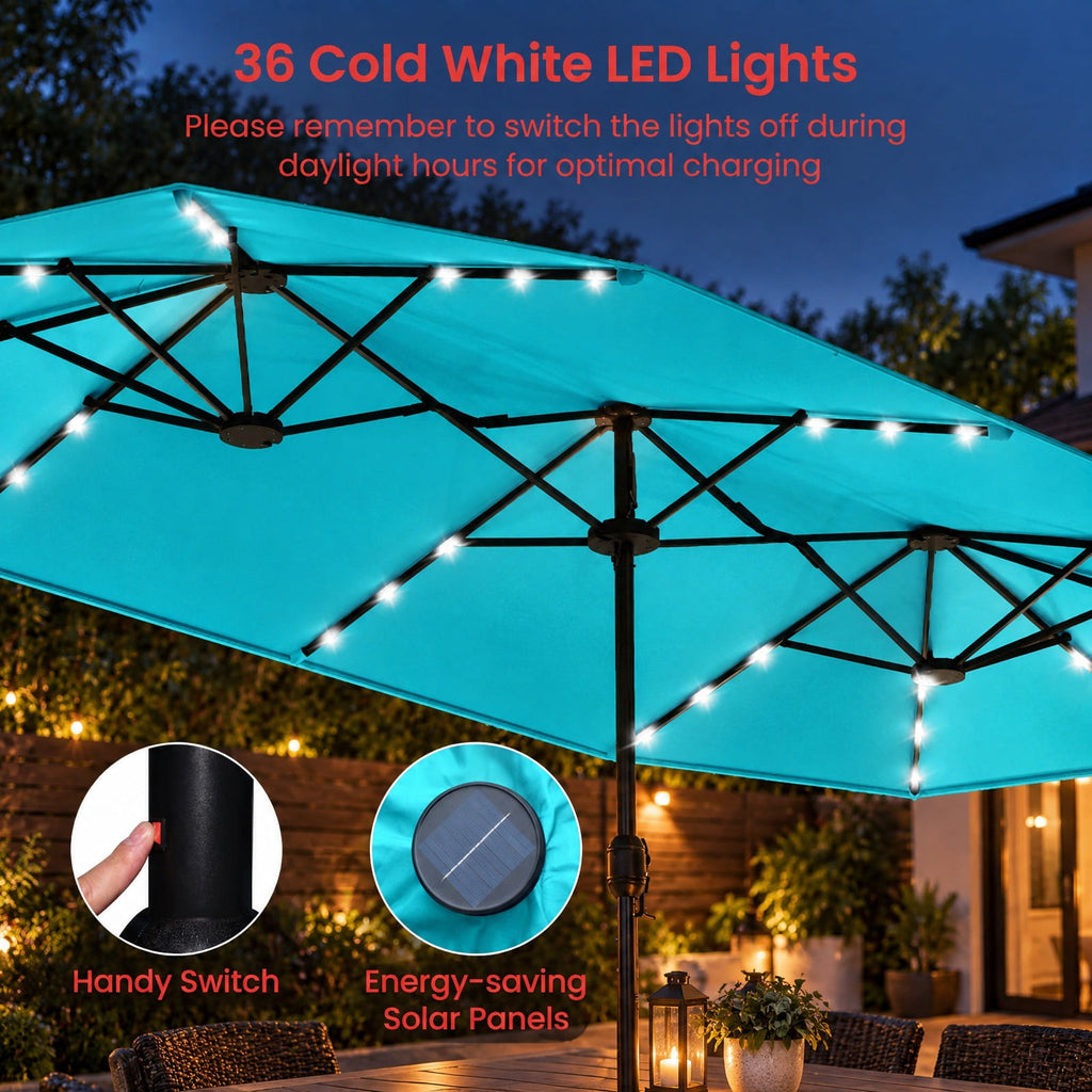 Airfind 13FT Double-sided Patio Umbrella with Solar Lights for Garden Pool Backyard, Metal 180g Yarn Dyed Fabric PA Coating Frame, Turquoise