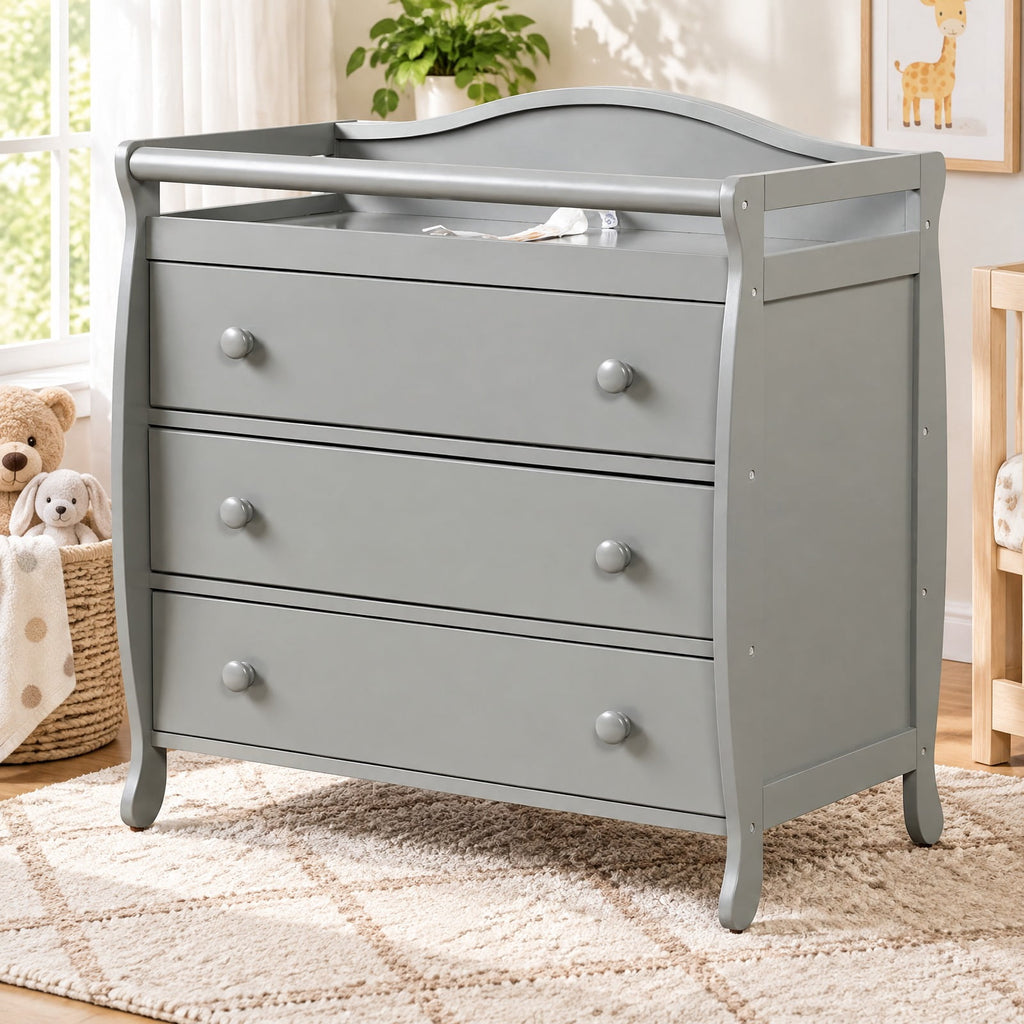 AIRFIND Baby Changing Table with Three Storage Drawers, Raised Changing Top and Restraint Belt, Wood and MDF Nursery Dresser, Gray