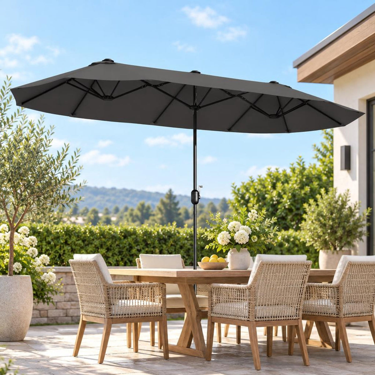 Airfind 13 Feet Double-Sided Patio Twin Table Umbrella with Crank Handle, Metal 180g Yarn Dyed Fabric PA Coating Frame, Gray