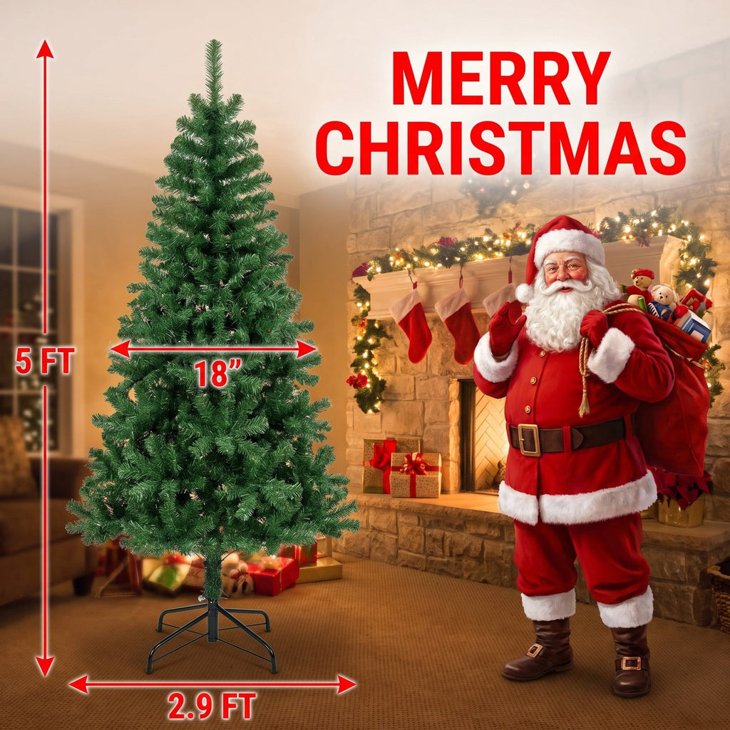 Airfind 5/6/7 Feet Artificial Christmas Tree Hinged Xmas Tree with 7 Lighting Modes-5 Feet, Green, Diameter of Stand 18in/18in/22in