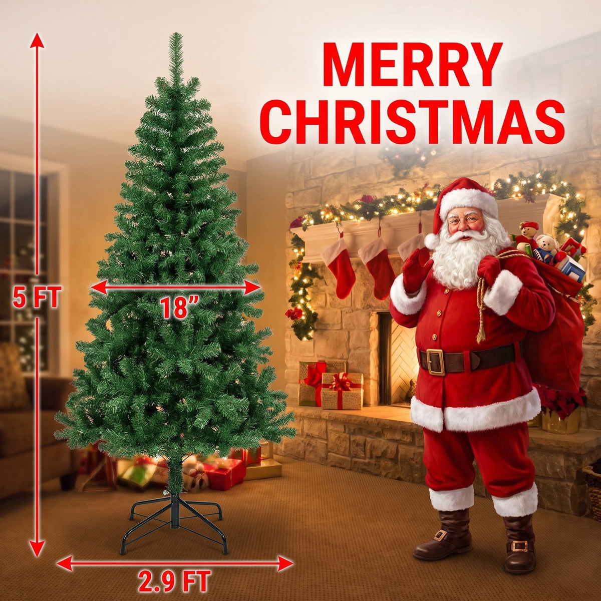 Airfind 5/6/7 Feet Artificial Christmas Tree Hinged Xmas Tree with 7 Lighting Modes-5 Feet, Green, Diameter of Stand 18in/18in/22in