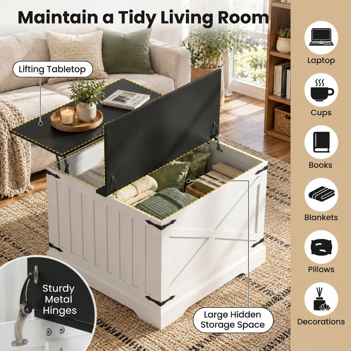 Airfind Farmhouse Lift Top Coffee Table with Hidden Storage Compartment, 132 lbs Tabletop Capacity, Engineered Wood MDF Metal Frame, Black
