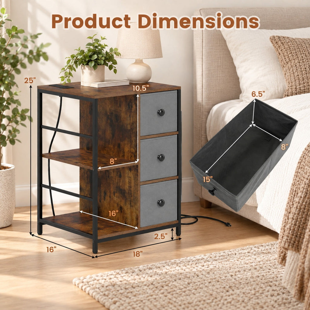 Airfind Side Table with Charging Station Industrial Nightstand with Open Shelves, 18 x 16 x 25Inner Footprint, Brown