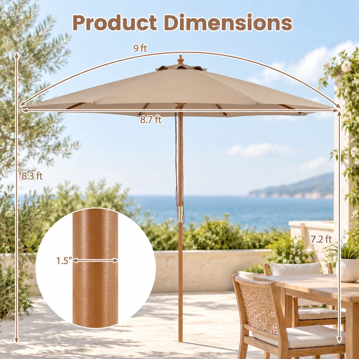 Airfind 9 FT Patio Umbrella Outdoor Table Market Umbrella with 8 Sturdy Bamboo Ribs, Polyester Fabric Bamboo Umbrella Frame, Brown