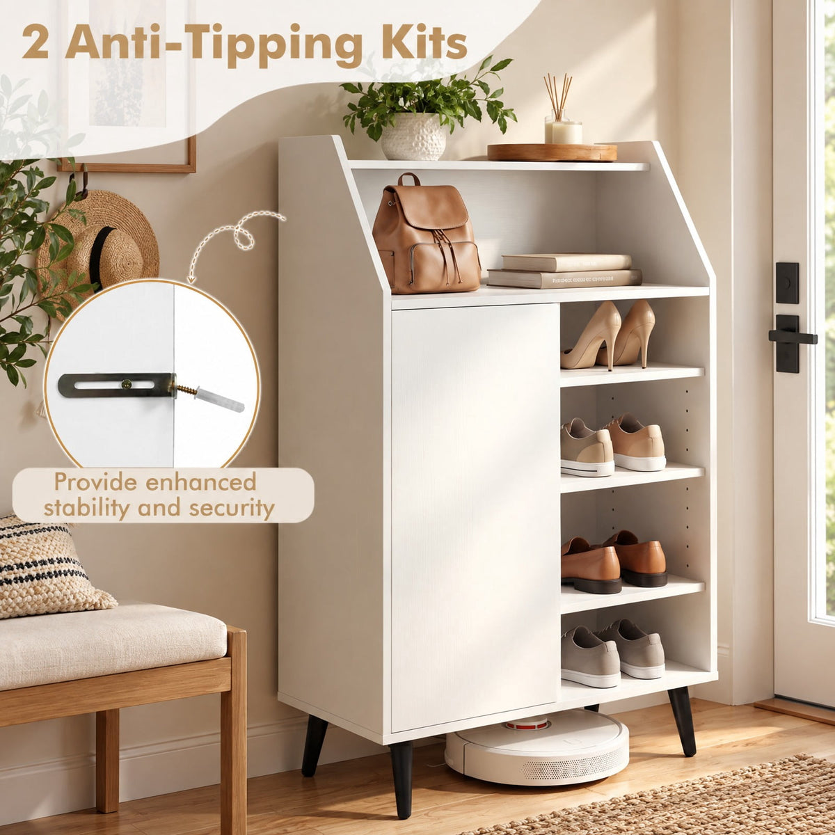 Airfind Shoe Storage Cabinet with 2-Tier Open Compartment and 4-Tier Adjustable Shelf, 44 lbs Capacity, Engineered Wood Frame, White