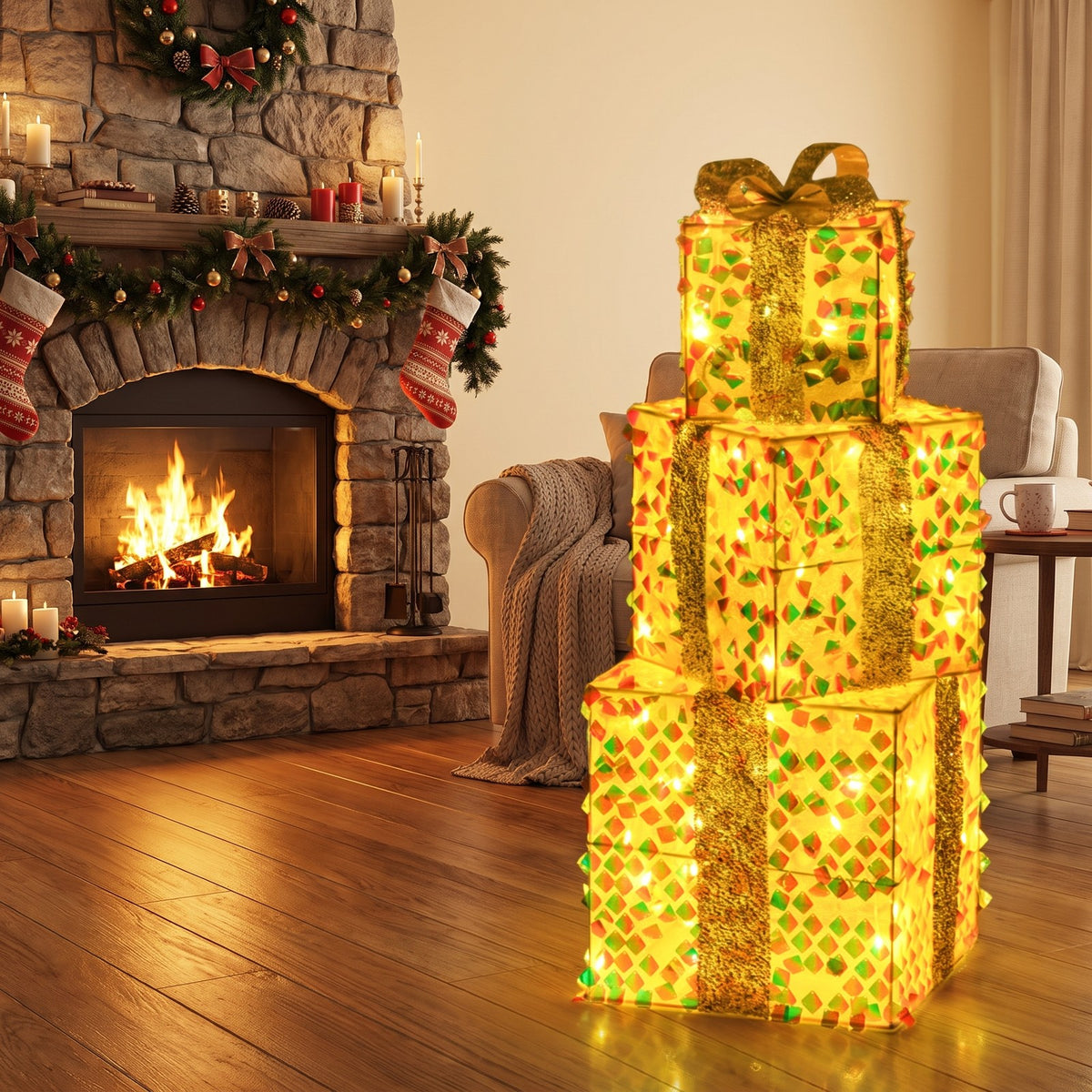 Airfind Set of 3 Christmas Lighted Gift Boxes with Pre-lit 90 LED Light and Bows, PVC Polyester Metal Frame, 10 x 10 x 10 Footprint