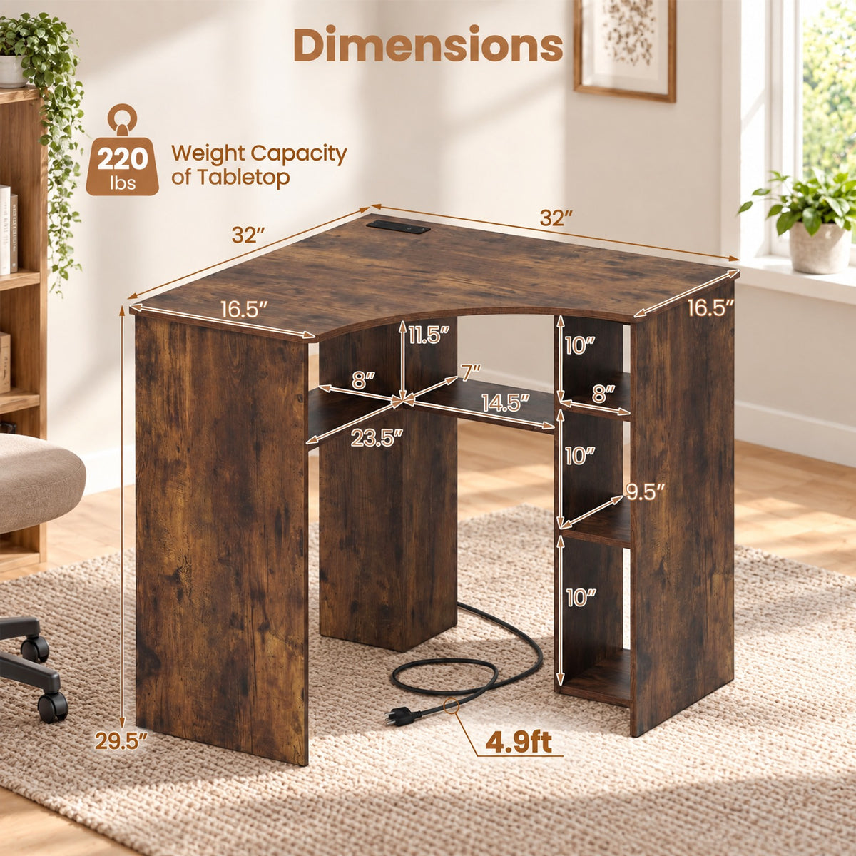 Airfind Corner Computer Desk Triangle Home Office Desk with Adjustable Shelf and Arc-Shaped Profile, 100 lbs Capacity, Brown
