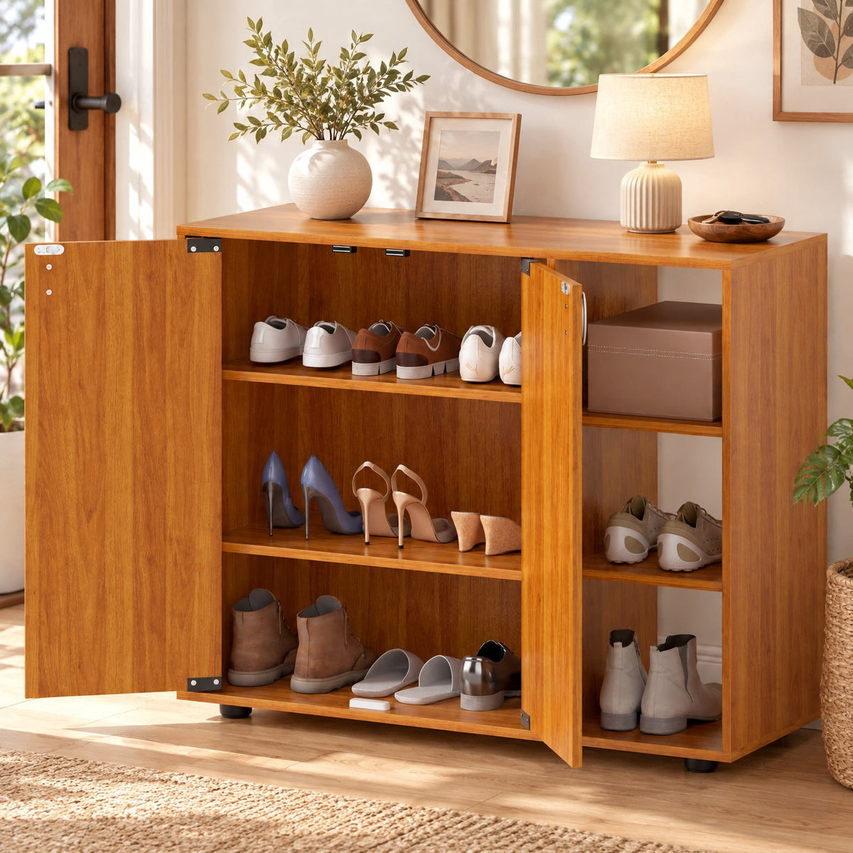 Airfind 3-Tier Shoe Cabinet with Doors with Adjustable Open Shelves for Entryway, 90 lbs Capacity, MDF Engineered Wood Frame, Natural