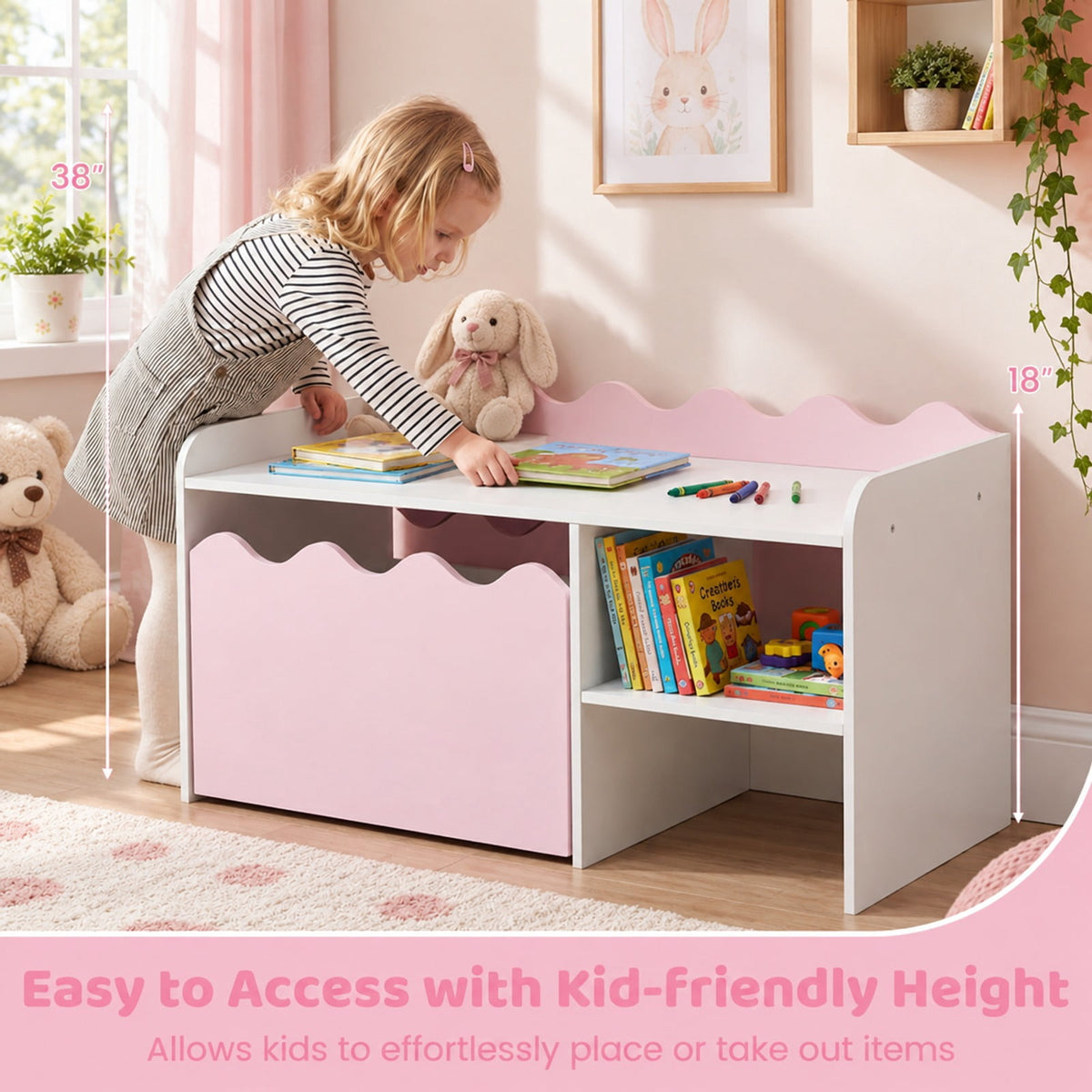 Airfind Scalloped Kids Bookshelf and Toy Storage Organizer for Playroom, 77 lbs Capacity, MDF Frame, for 3+ Years Old, 35 Inch x 16 Inch x 18 Inch Footprint