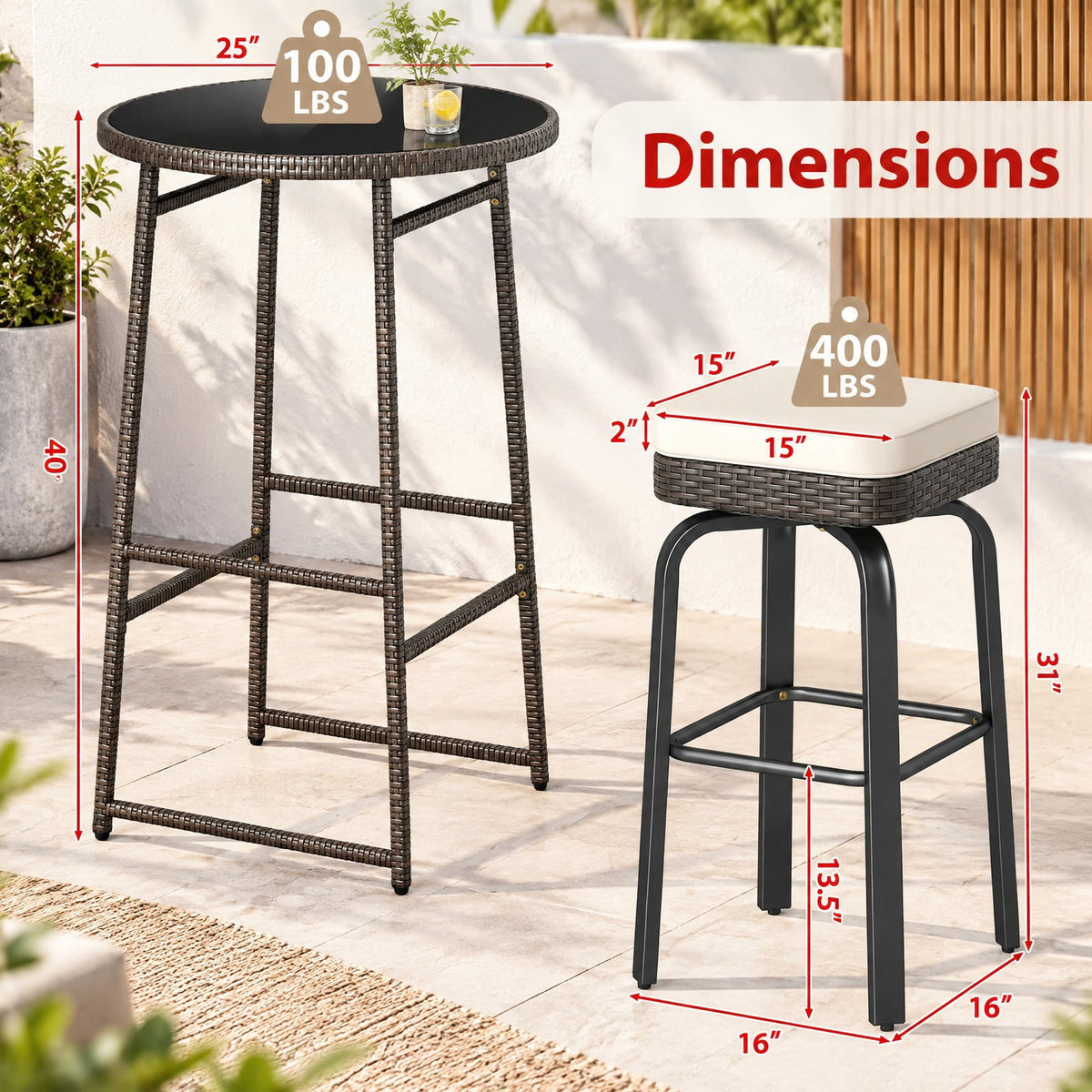 Airfind 3 Pieces Outdoor Swivel Bar Set PE Rattan Bar Height Table with 2 Chairs, PE Rattan Metal Tempered Glass Polyester Sponge Frame, White