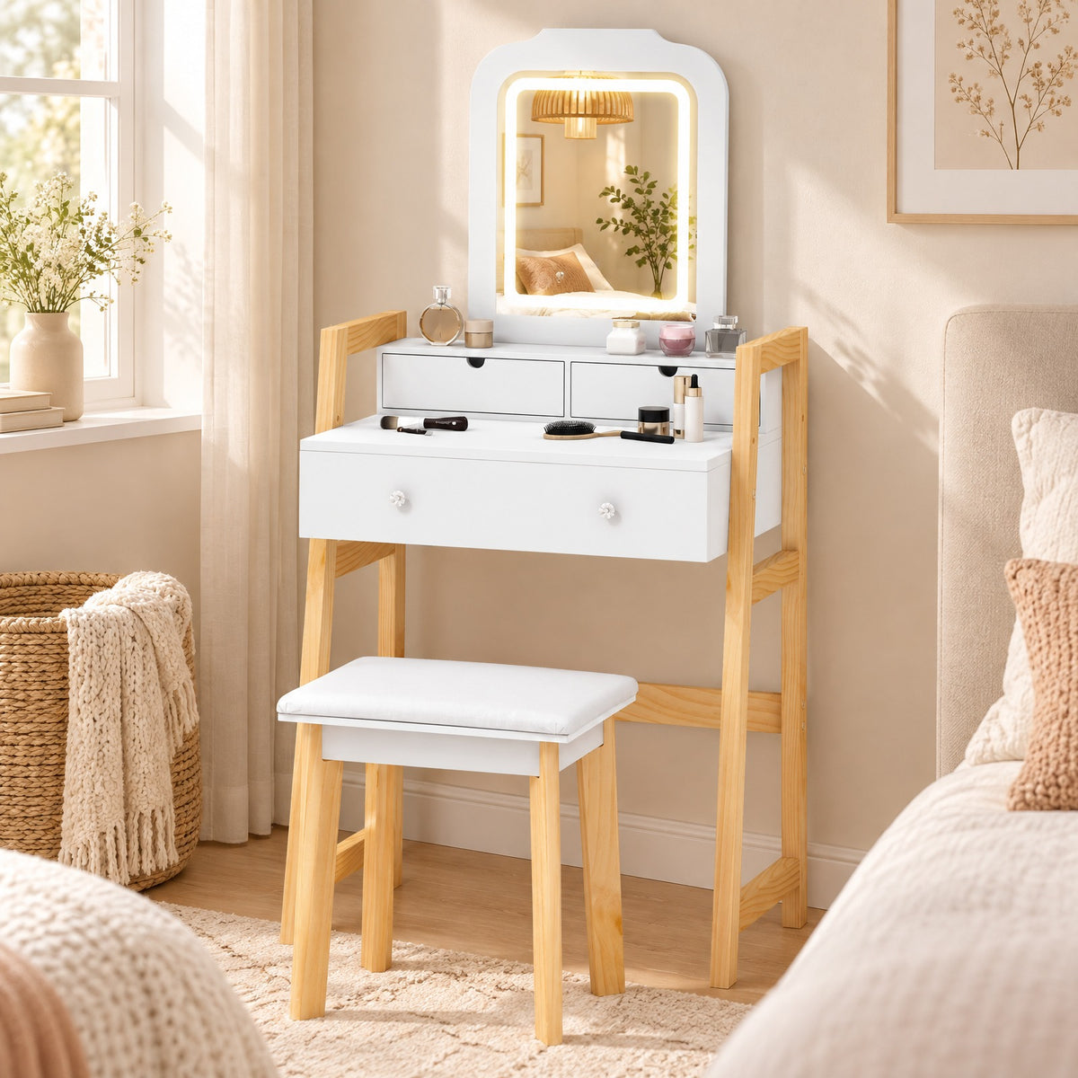 Airfind Adjustable Height Vanity Desk Set with 3-Color LED Lighted Mirror and Drawers, 110 lbs Capacity, P2 MDF Frame, 25in x 15.5in x 54in Footprint
