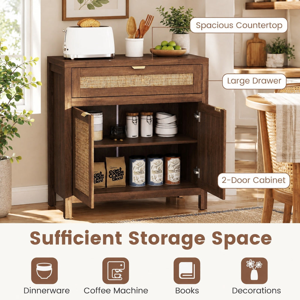 Airfind Sideboard Storage Cabinet with Rattan Doors and Drawer, 155 lbs Capacity, Engineered Wood MDF Rattan Metal Frame, Brown