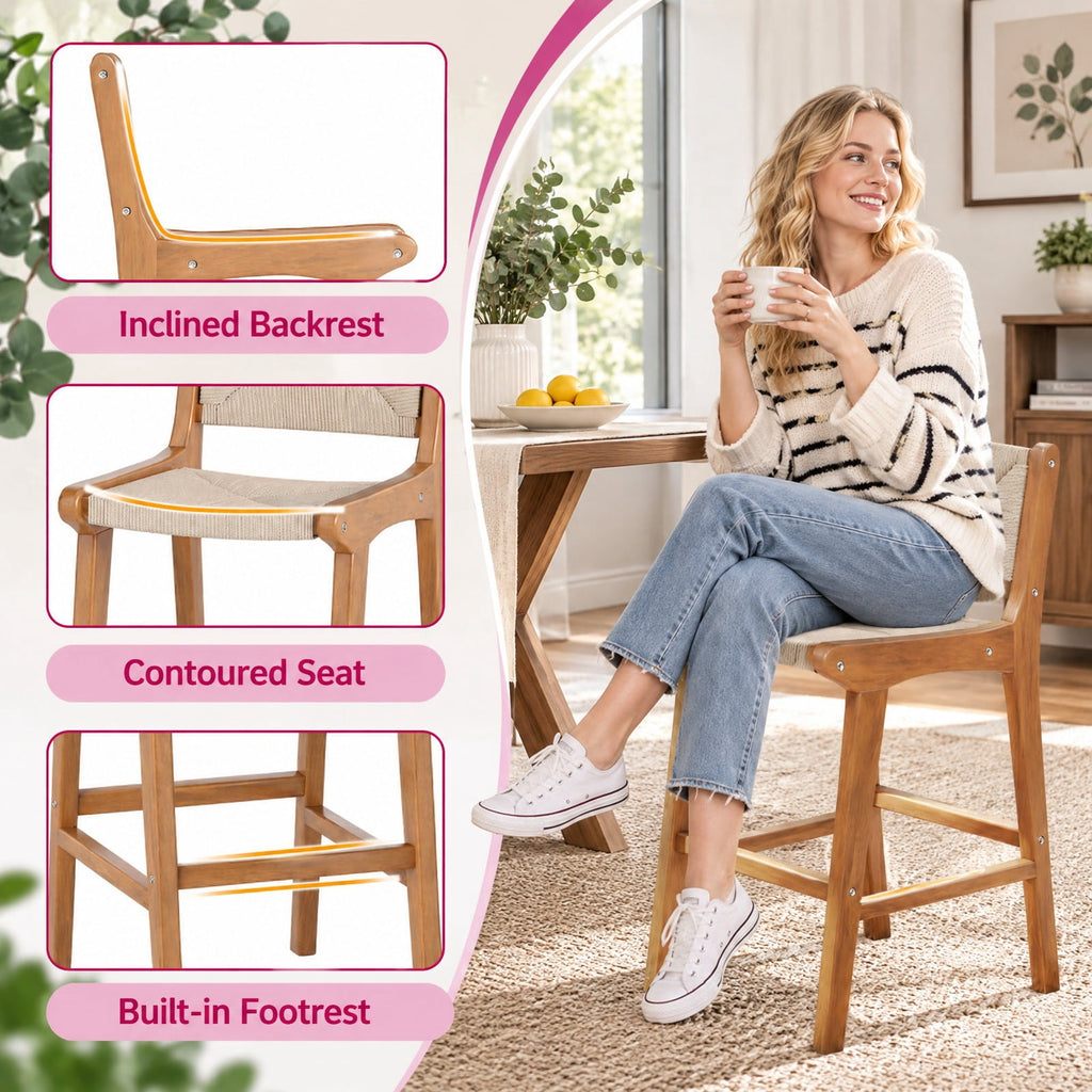 Airfind Set of 1 Outdoor Counter Height Bar Stool Woven Paper Rope Patio Barstool with Teak Wood Frame, 400 lbs Is Assembly Required: Yes Capacity