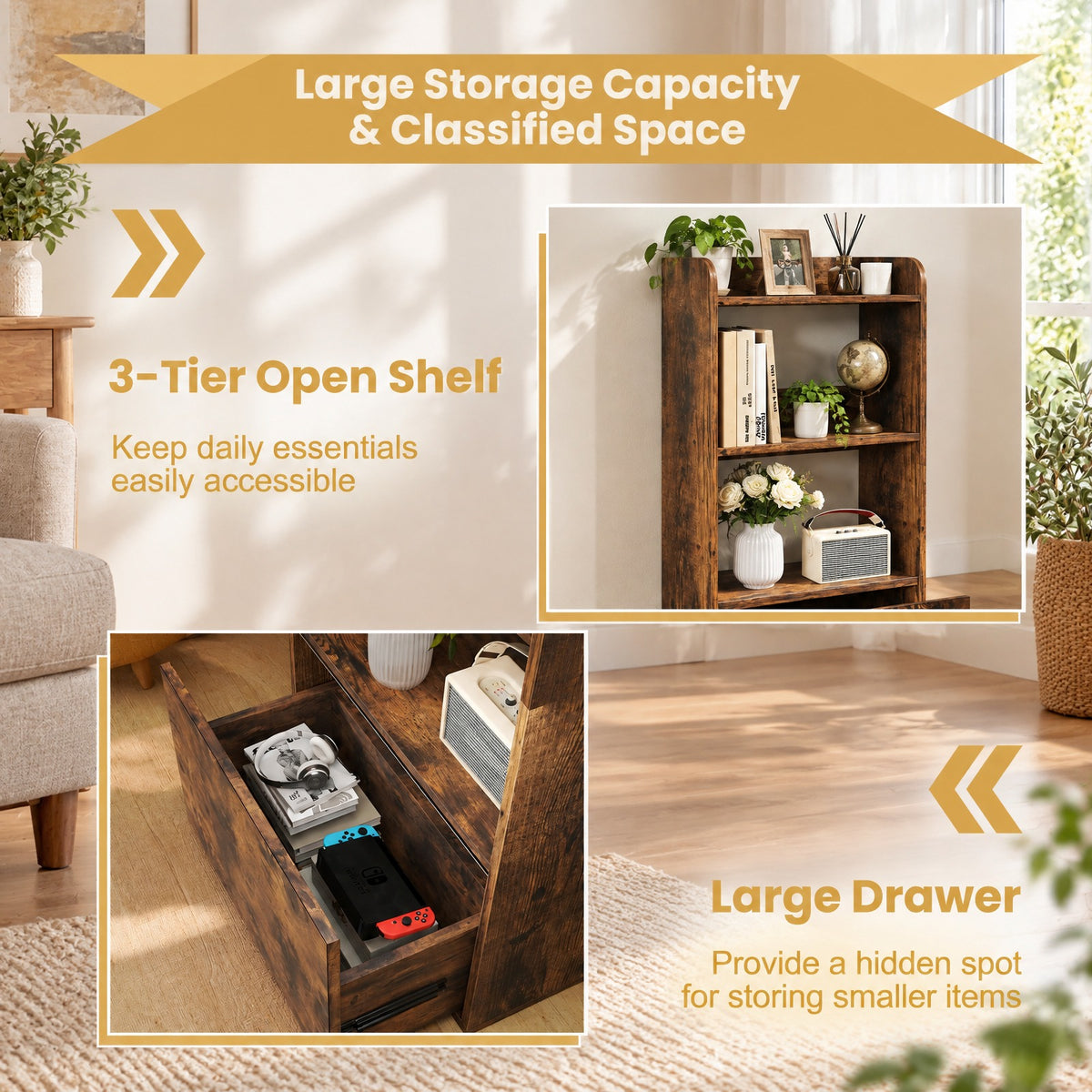 Airfind Freestanding Bookshelf with 3-Tier Open Shelf, 44 lbs Capacity, Engineered Wood MDF Frame, 21.5 x 11.5 x 41.5 Footprint, Brown