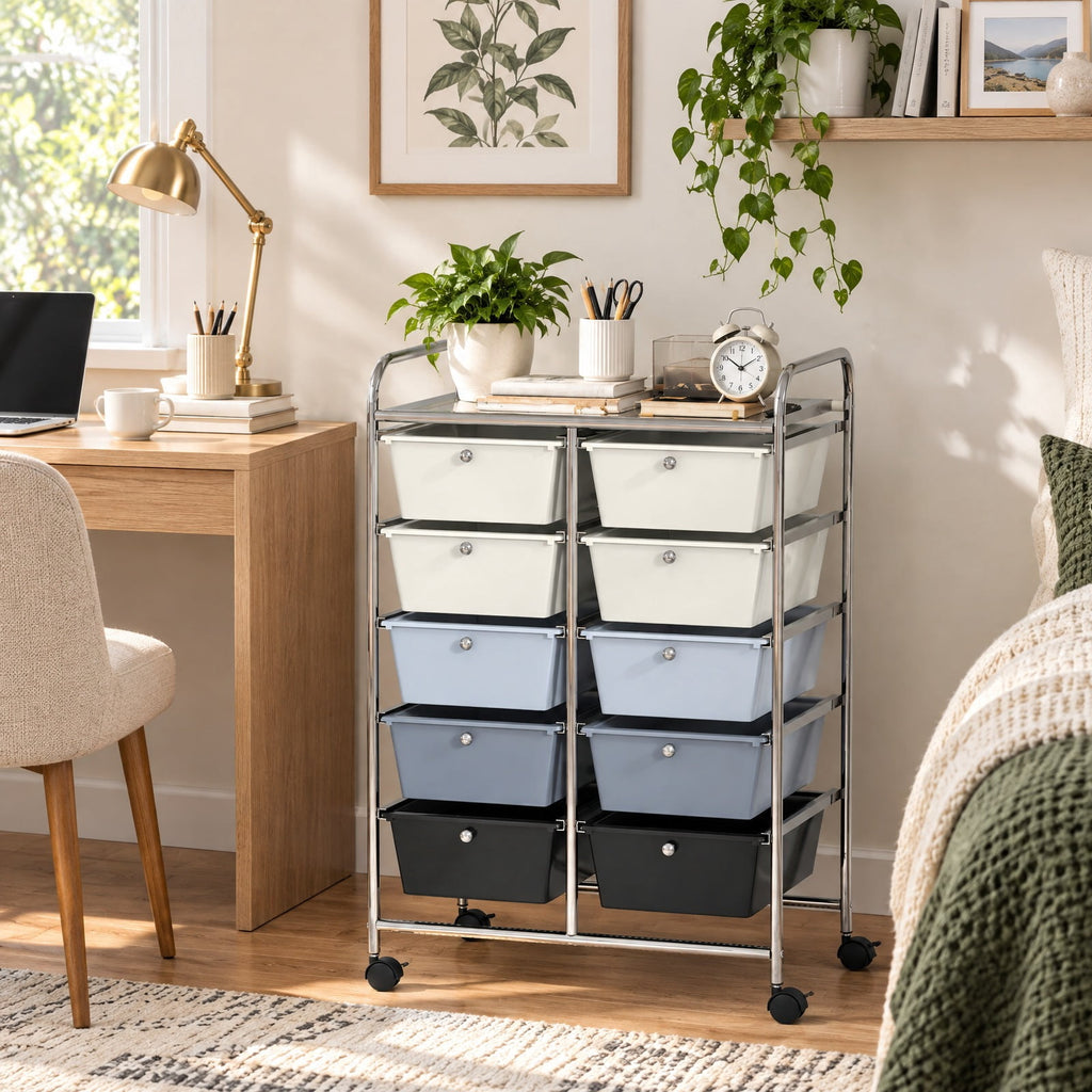 Airfind 10-Drawer Rolling Storage Cart-Beige and Gray, 22 lbs Capacity, Metal PP Frame, 26in x 14.5in x 34in Footprint, Beige