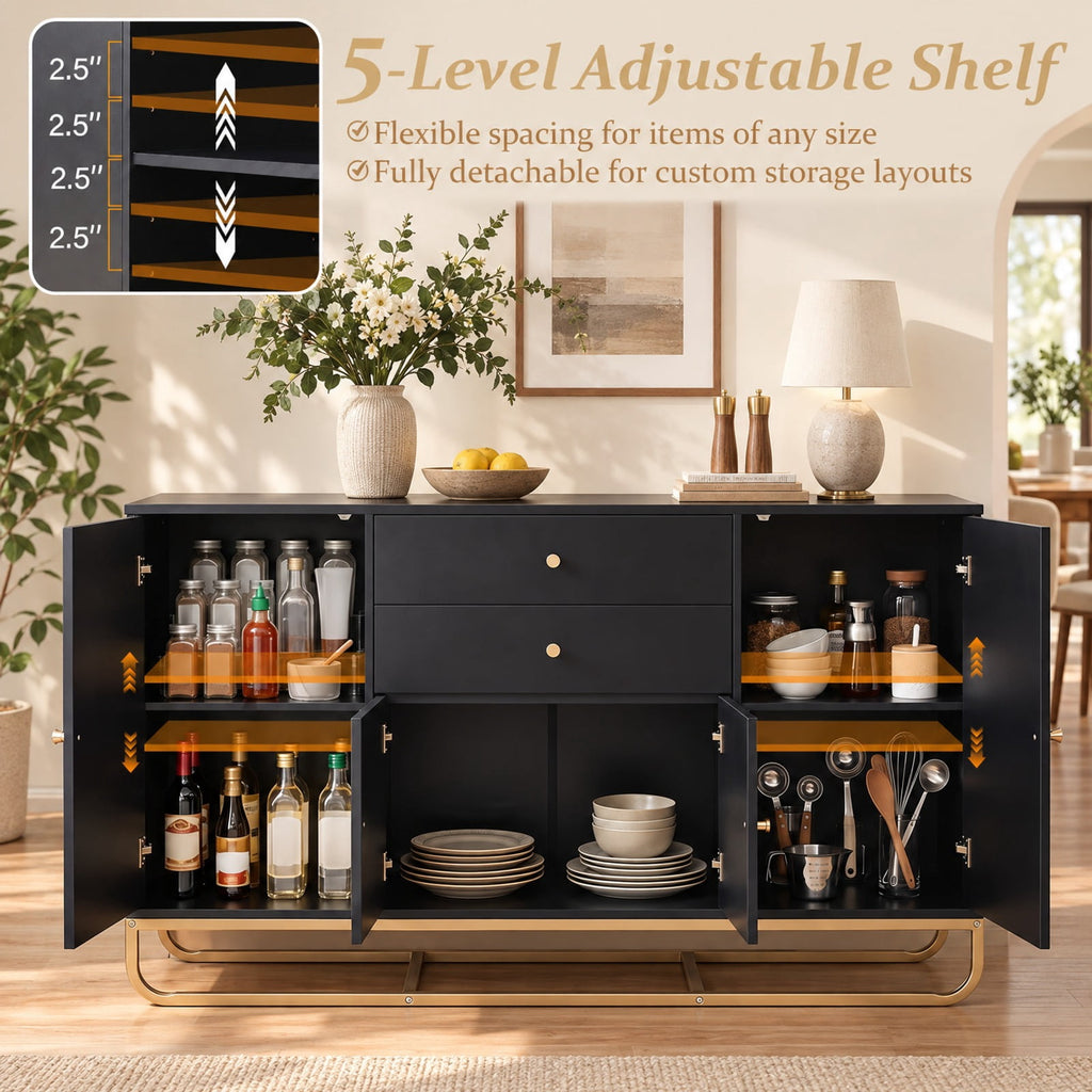 Airfind Modern Buffet Sideboard Cabinet w/ 2 Drawers Adjustable Shelves for Dining Room, 176 lbs Capacity, Engineered Wood Metal Frame, Black
