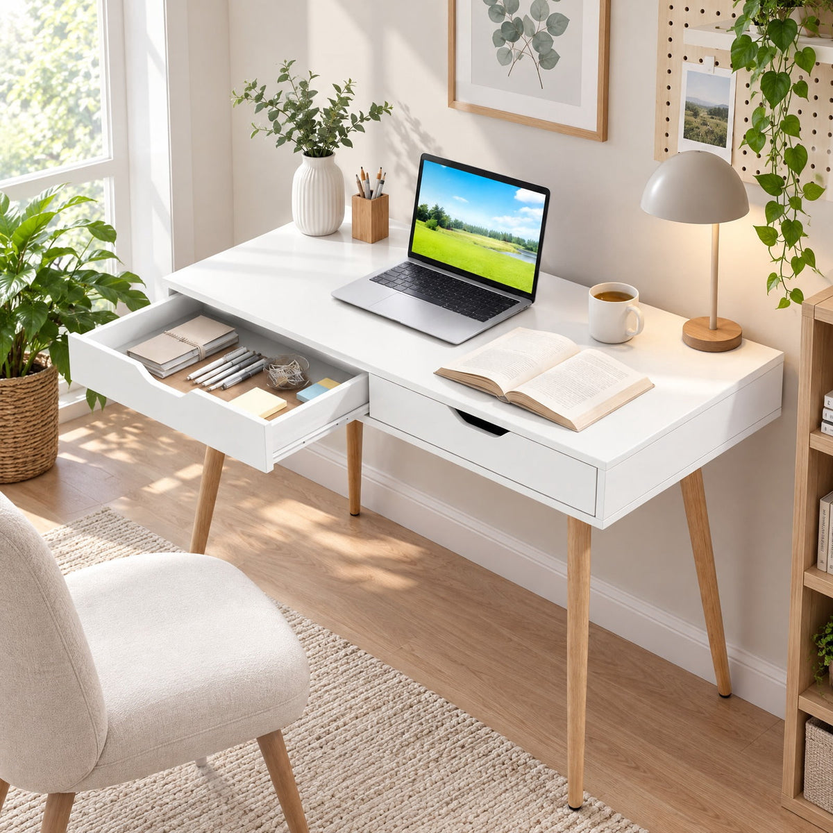 Airfind 43.5 Inch Computer Desk with 2 Drawers for Small Spaces, 165 lbs Capacity, Engineered Wood Frame, White
