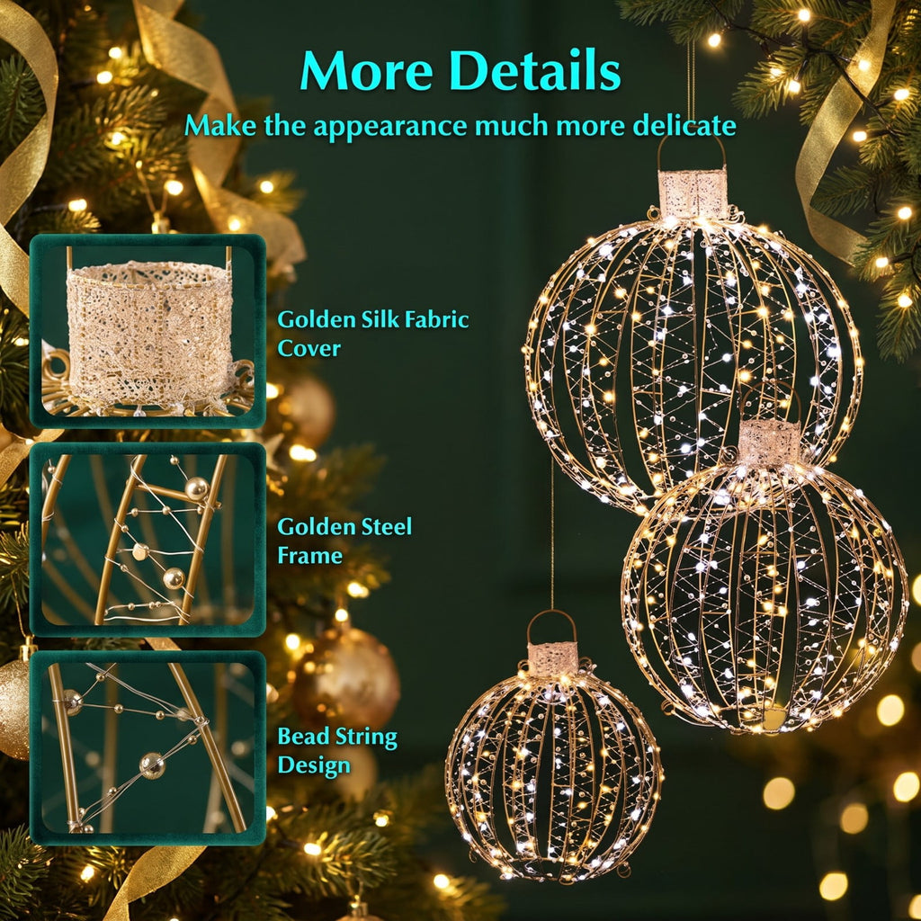 Airfind 3 Pack Christmas LED Light Balls with Cable Ties and 6 Stakes, Iron, 20.47 x 20.47 x 23.62 inch, Gold for Home, Patio and Everyday Use