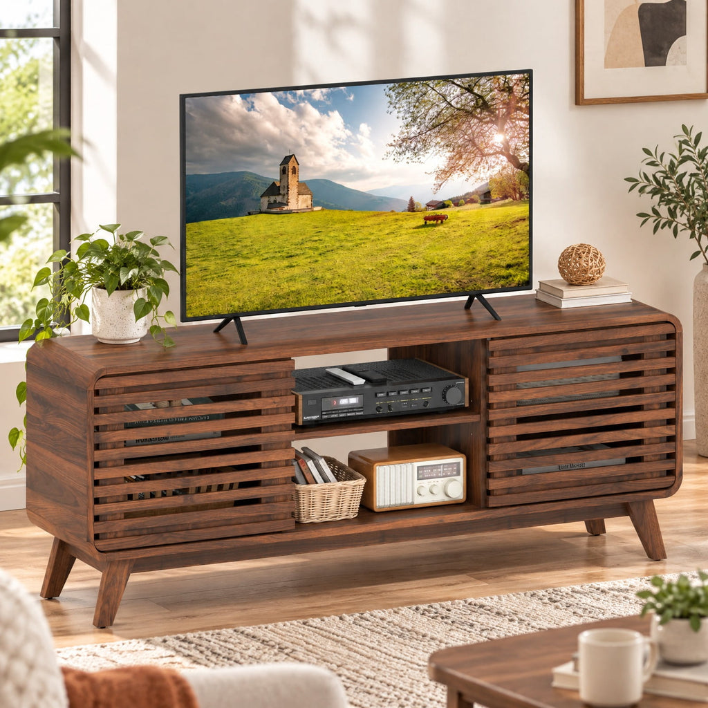 Airfind Mid Century Modern Entertainment Center with Grille-style Sliding Doors for Living Room, 100 lbs Capacity, MDF Engineered Wood Frame, Walnut