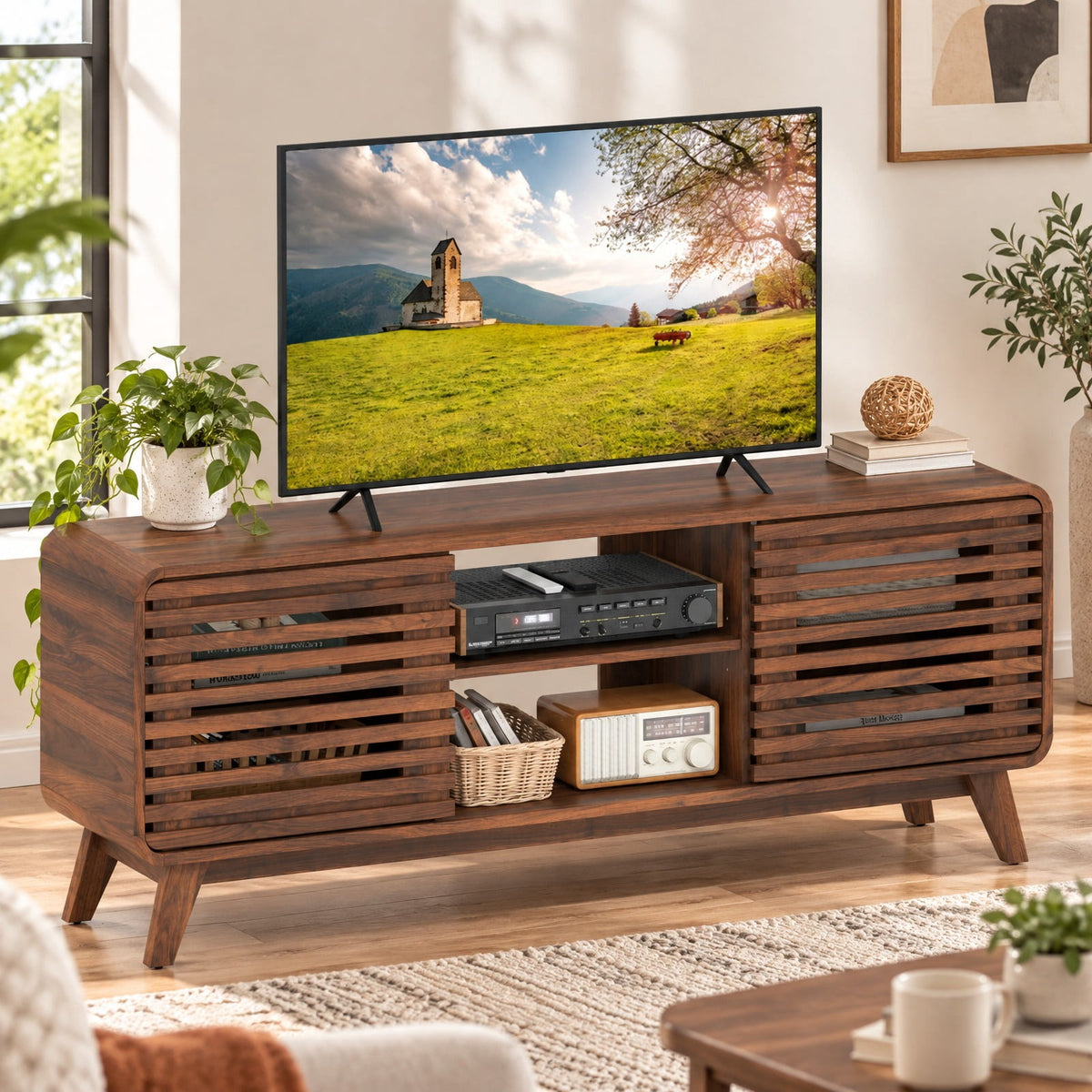 Airfind Mid Century Modern Entertainment Center with Grille-style Sliding Doors for Living Room, 100 lbs Capacity, MDF Engineered Wood Frame, Walnut