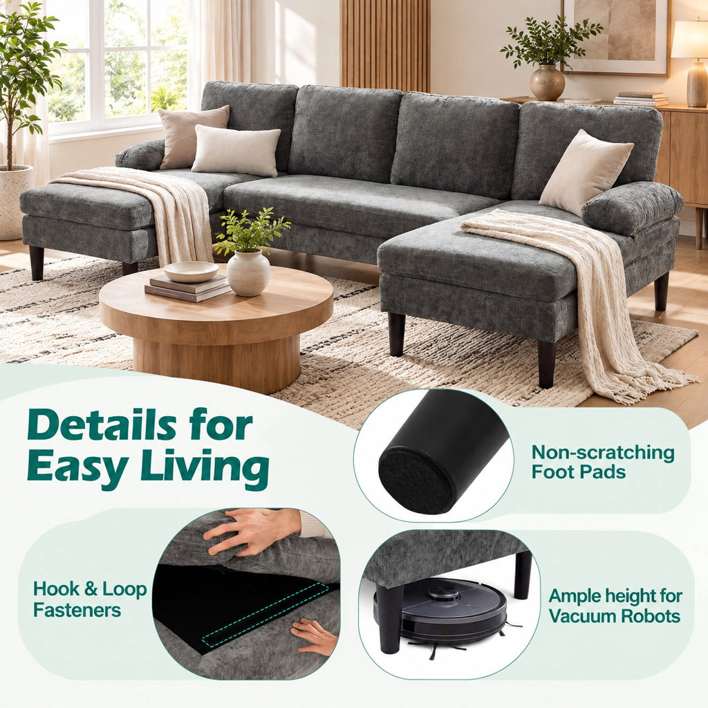 Airfind U-shaped Sectional Couch with Double Chaise for Living Room, 1000 Lbs Capacity, 101.5 Inch X 49.5 Inch X 28.5 Inch with Corduroy Fabric Sponge PP, Gray